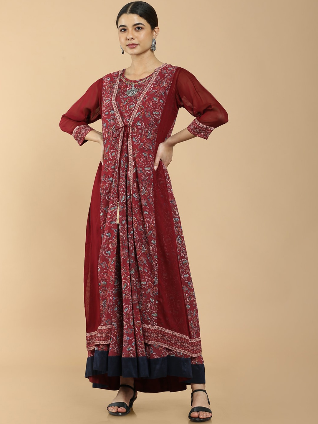 

Soch Women Maroon & Beige Floral Printed Georgette Anarkali Kurta