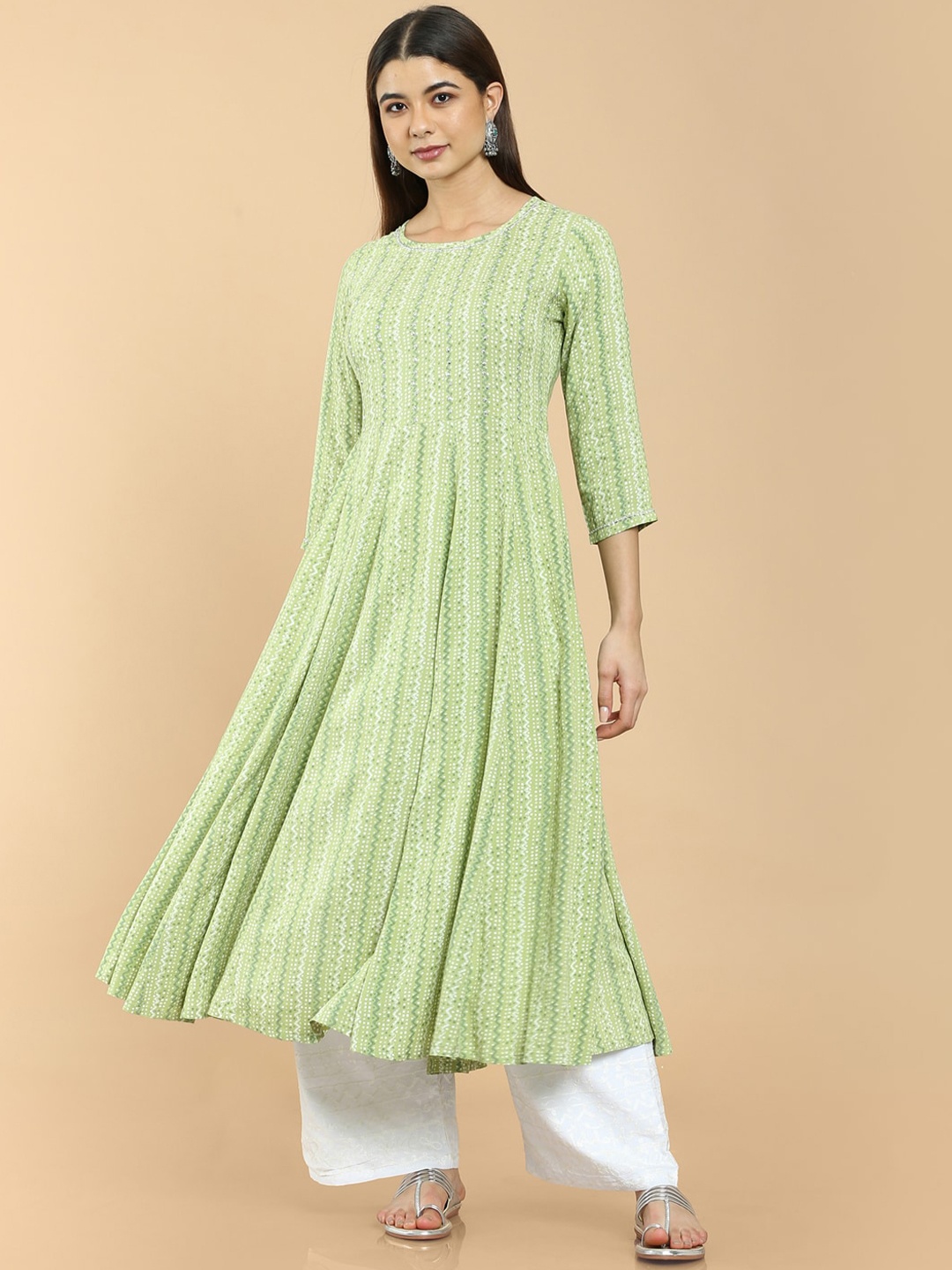 

Soch Women Green Striped Printed Anarkali Kurta