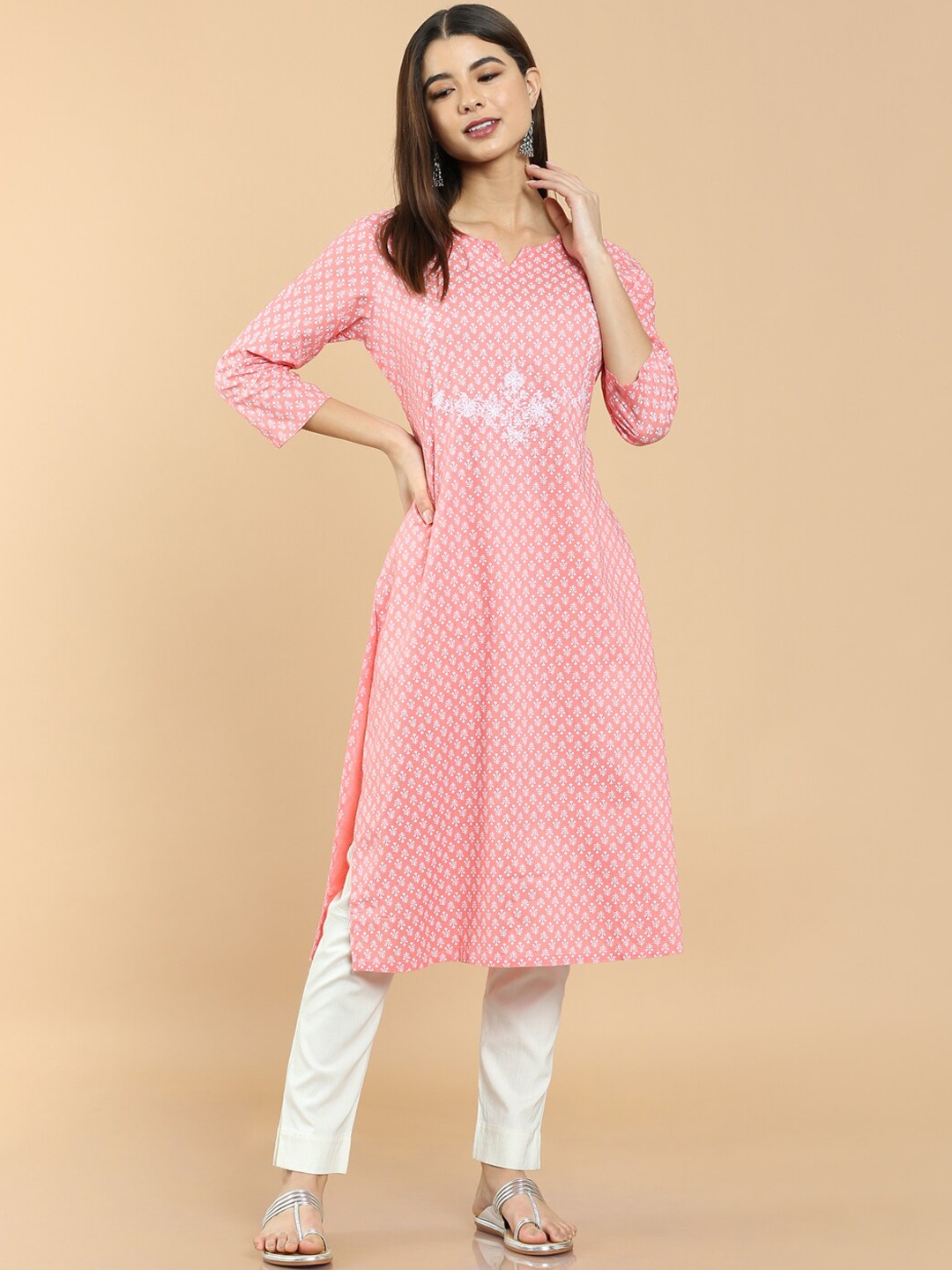 

Soch Women Pink & White Ethnic Motifs Printed Thread Work A-line Kurta