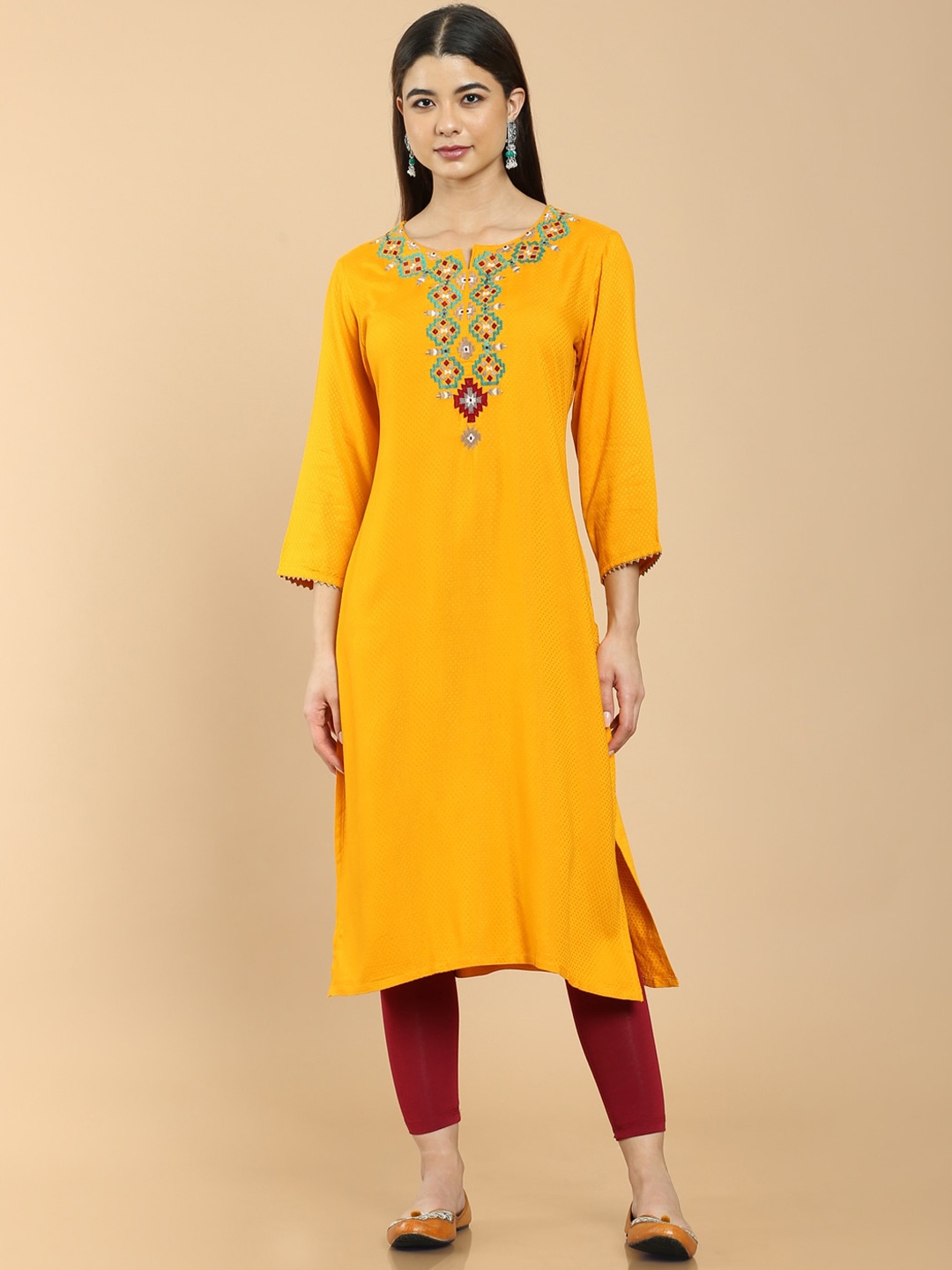 

Soch Women Mustard Yellow Geometric Printed Yoke Design Kurta With Embroidery