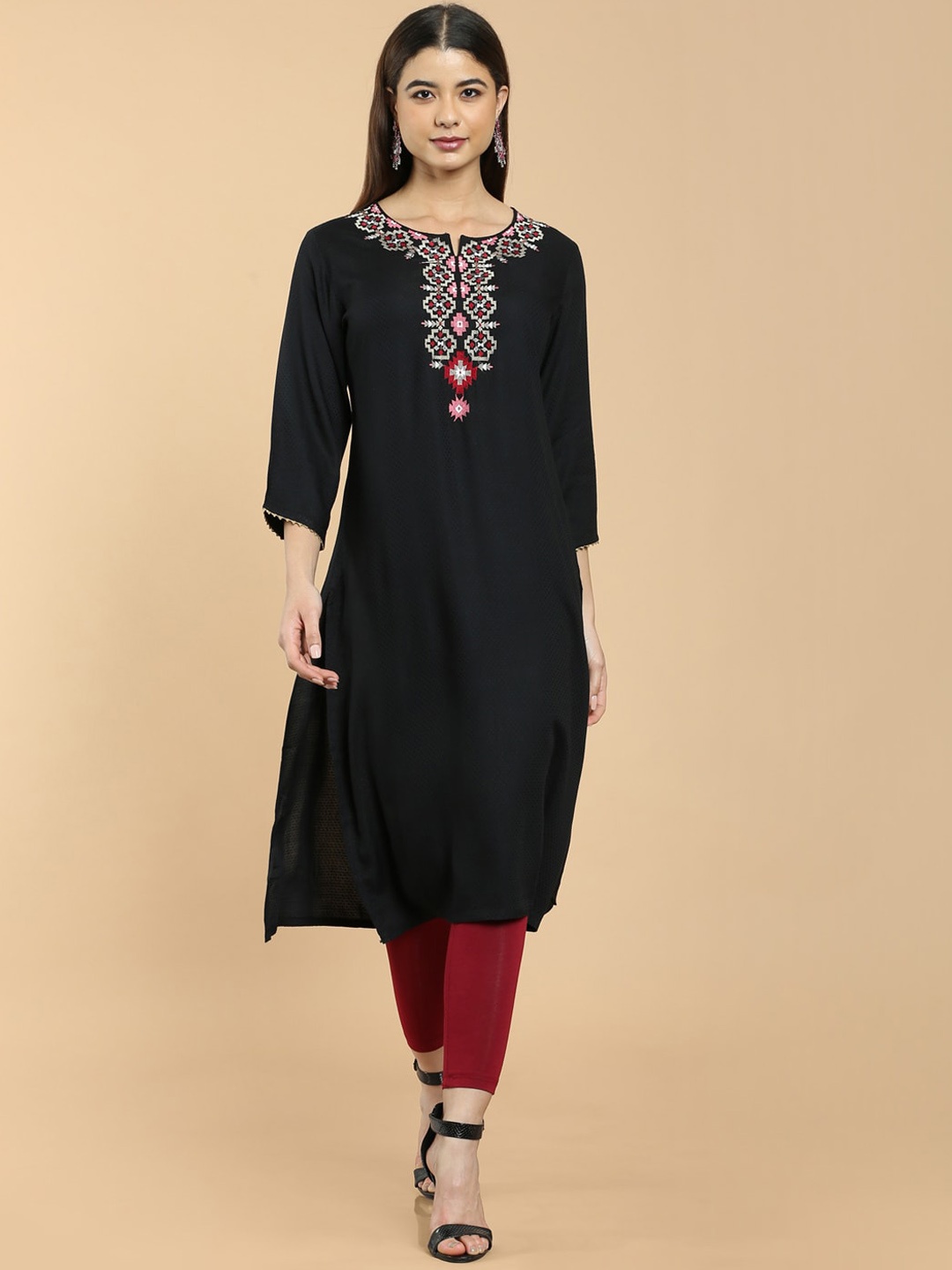 

Soch Women Black & Grey Geometric Embroidered Thread Work Rayon Kurta