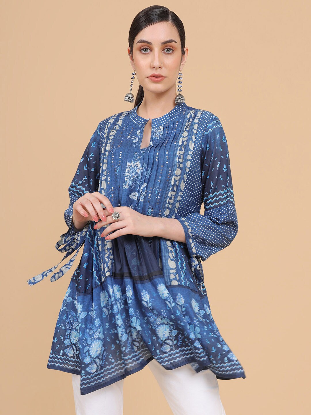

Soch Blue Tie and Dye Keyhole Neck Pure Cotton Longline Top