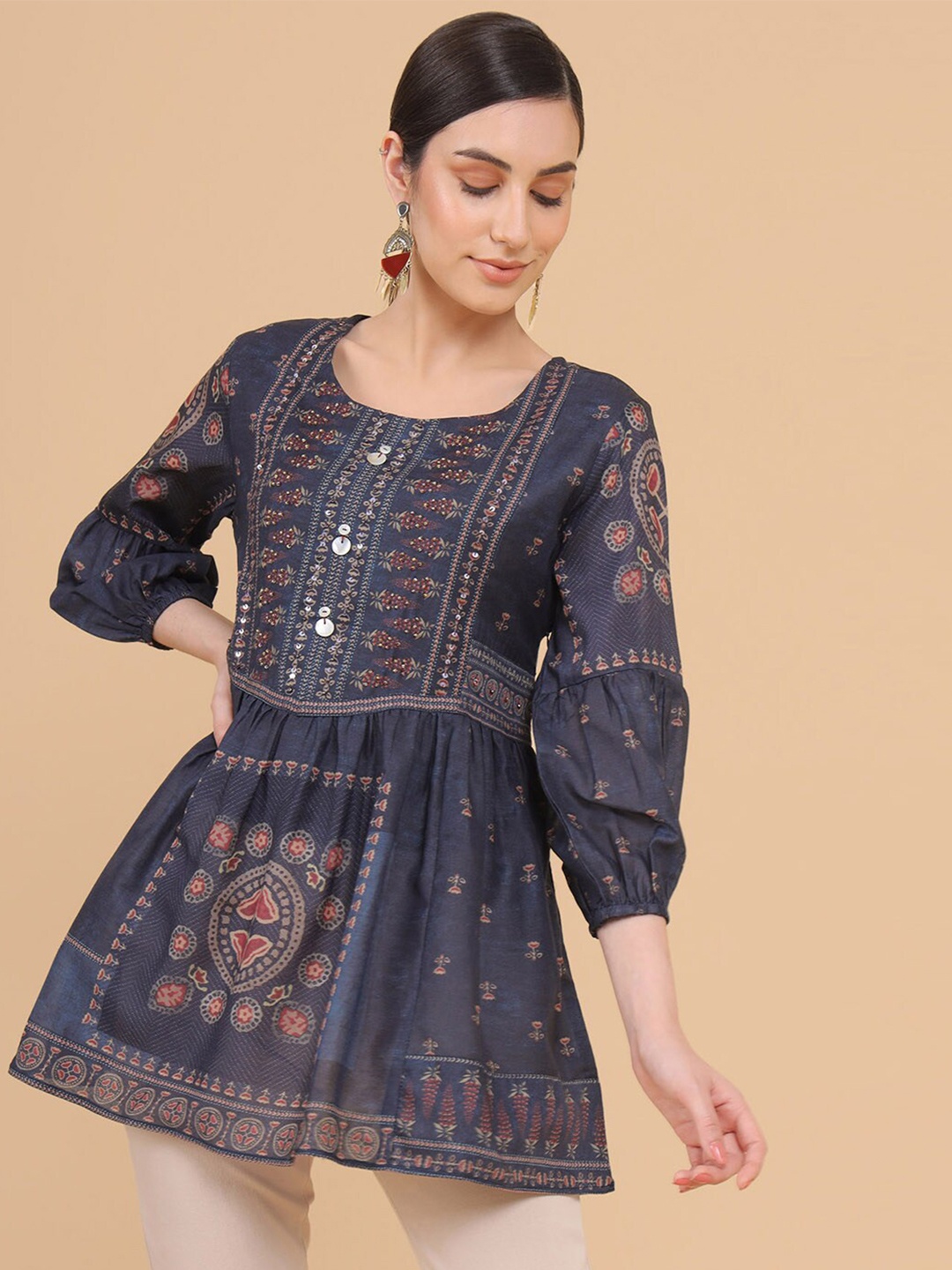 

Soch Women Navy Blue Printed Muslin Top