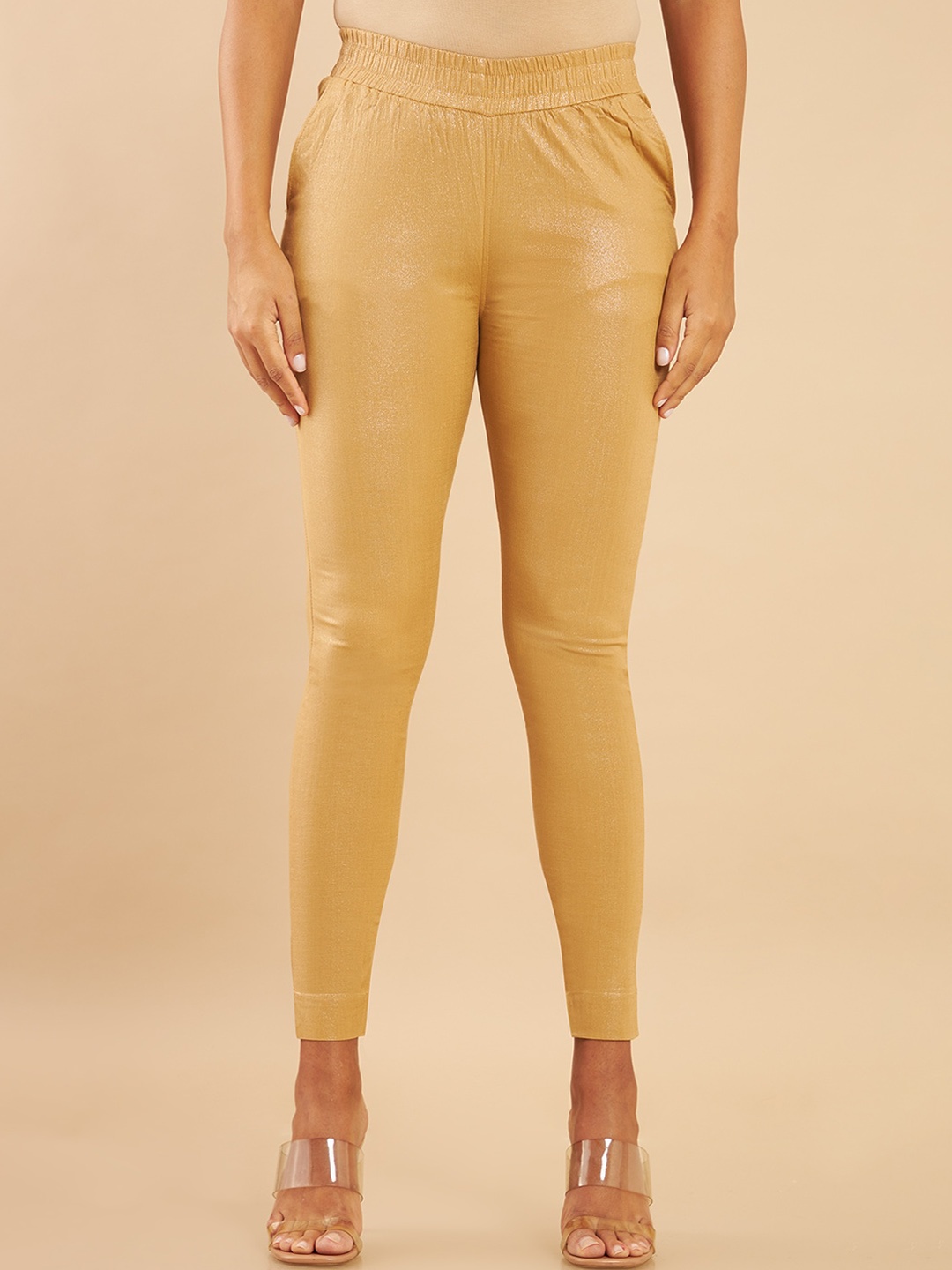 

Soch Women Gold-Toned Relaxed Crepe Trousers