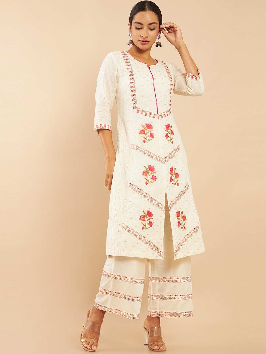 

Soch Women White Floral Embroidered Layered Pure Cotton Kurta with Palazzos & With Dupatta