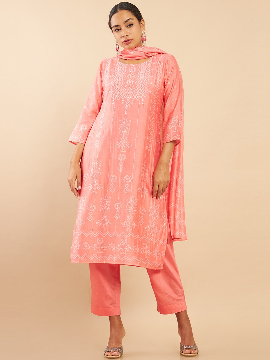 

Soch Women Pink Floral Embroidered Layered Chanderi Cotton Kurti with Trousers & With Dupatta