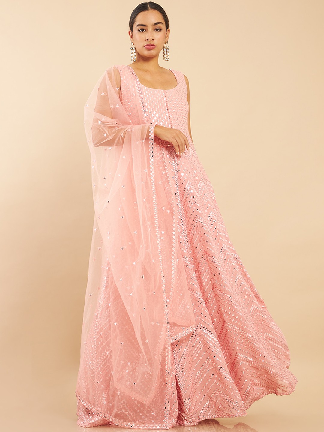 

Soch Women Pink Embroidered Georgette Kurti with Skirt & With Dupatta