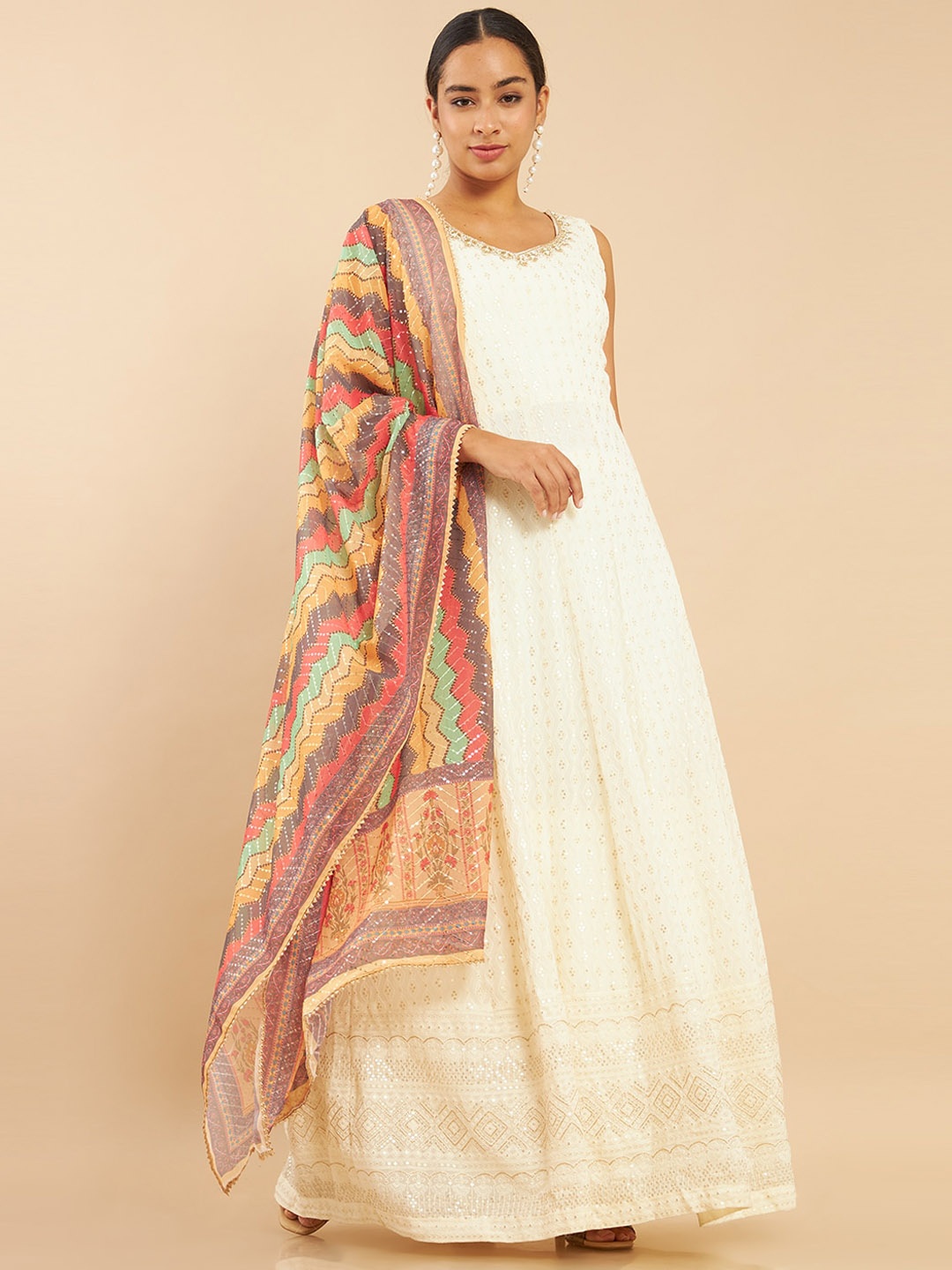 

Soch Women Off White Georgette Kurta With Trousers & Dupatta