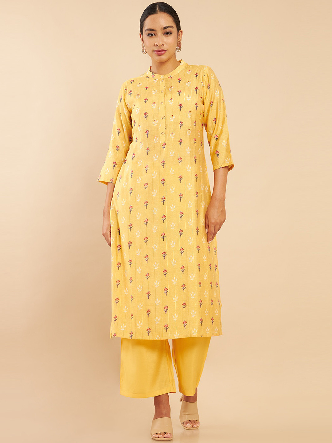 

Soch Women Yellow Printed Chanderi Kurta With Trousers