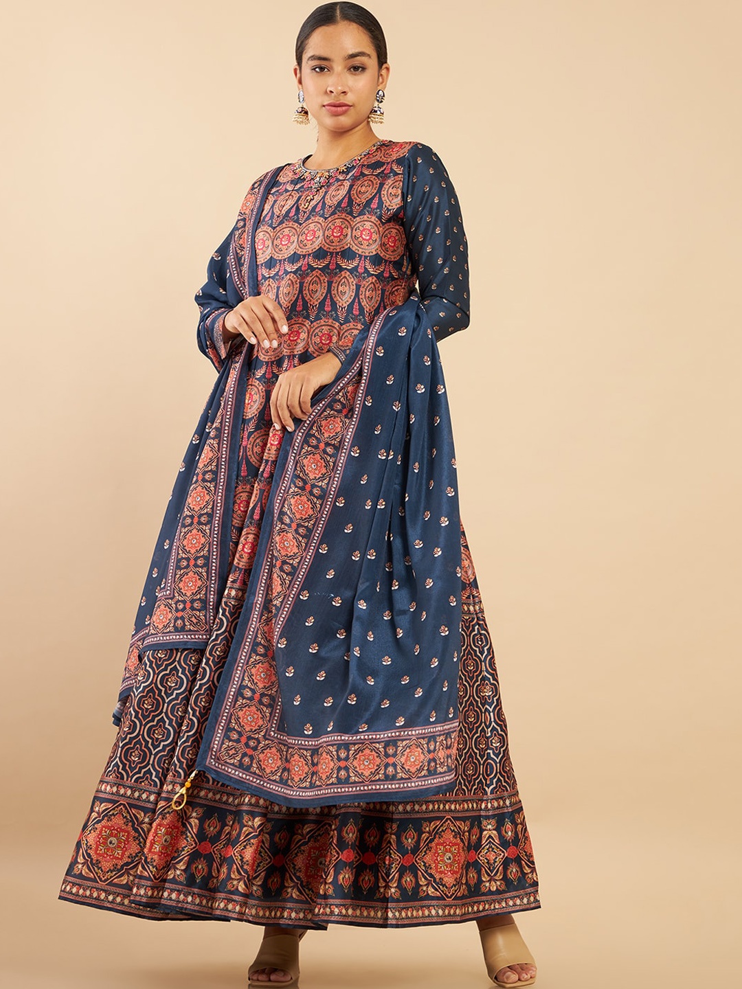 

Soch Women Blue Paisley Embroidered Panelled Silk Kurti with Skirt & With Dupatta
