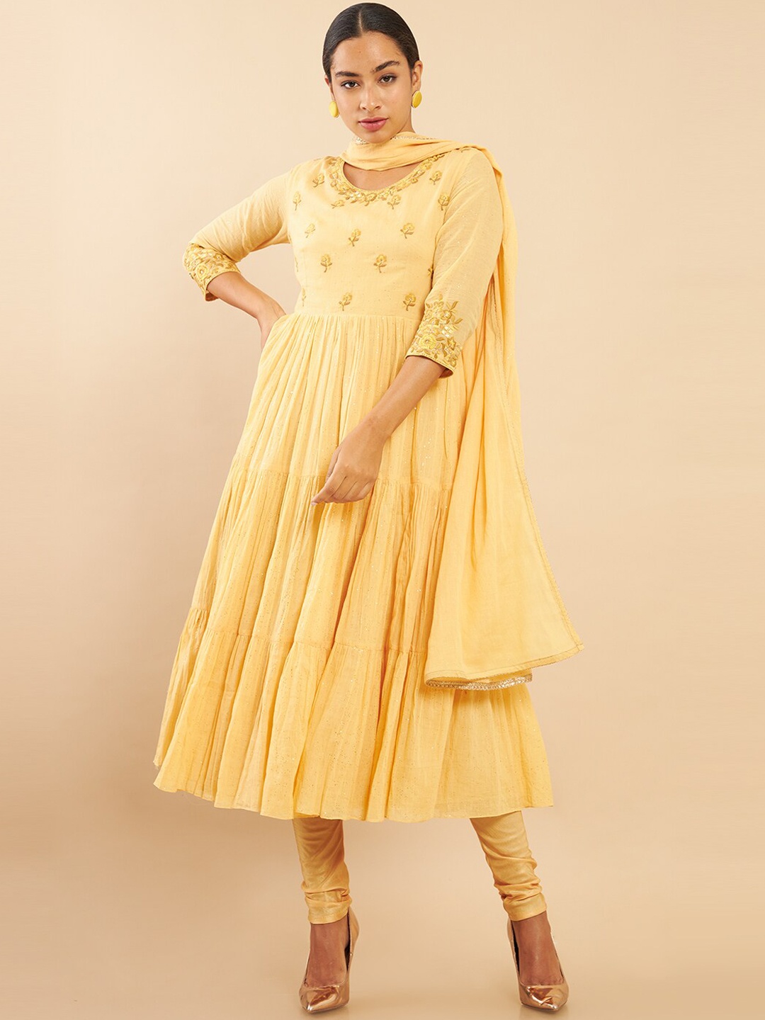 

Soch Women Yellow Floral Embroidered Pure Cotton Kurta with Churidar & With Dupatta