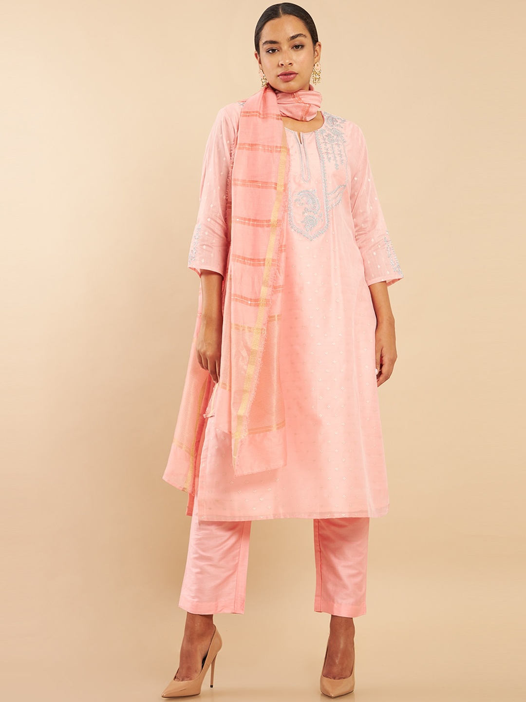 

Soch Women Pink Panelled Chanderi Cotton Kurti with Trousers & With Dupatta