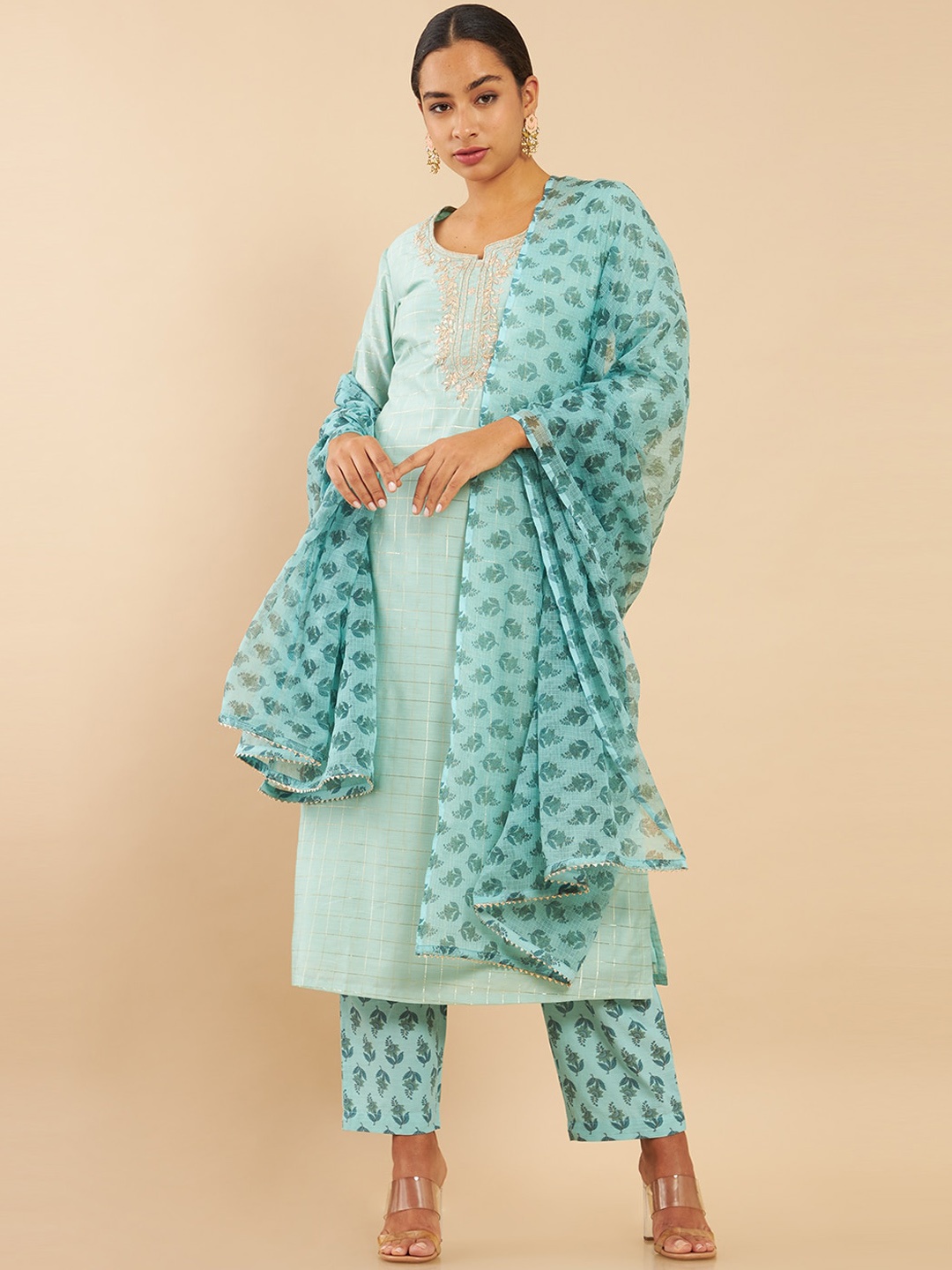 

Soch Women Green Floral Embroidered Chanderi Cotton Kurta with Trousers & With Dupatta