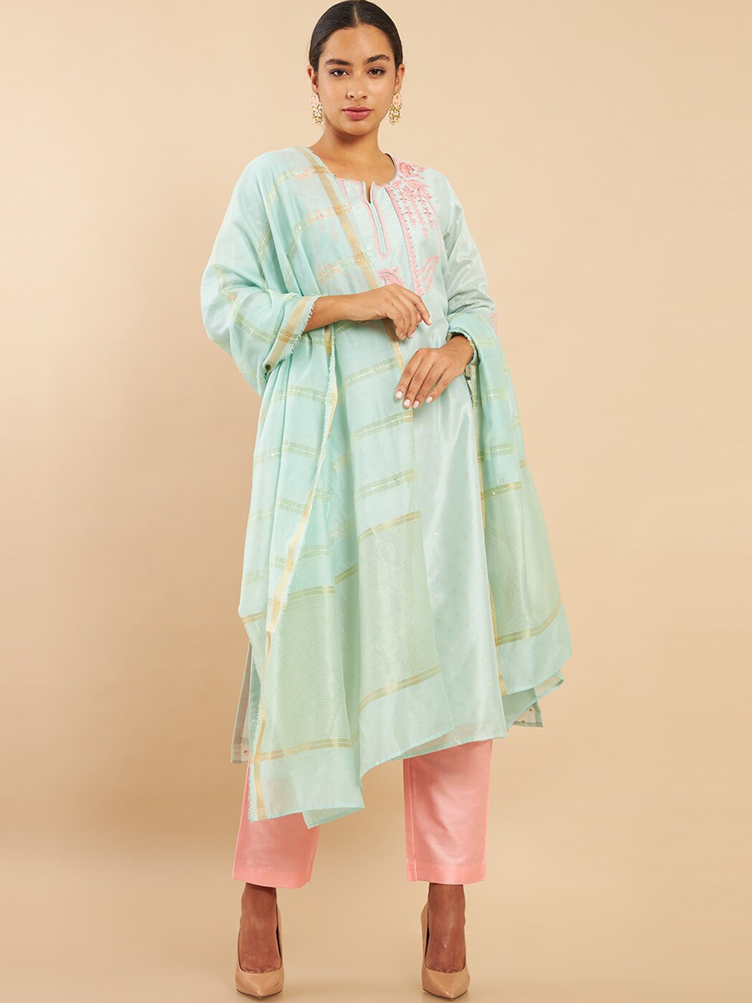 

Soch Women Blue Embroidered Chanderi Kurta with Trousers & With Dupatta