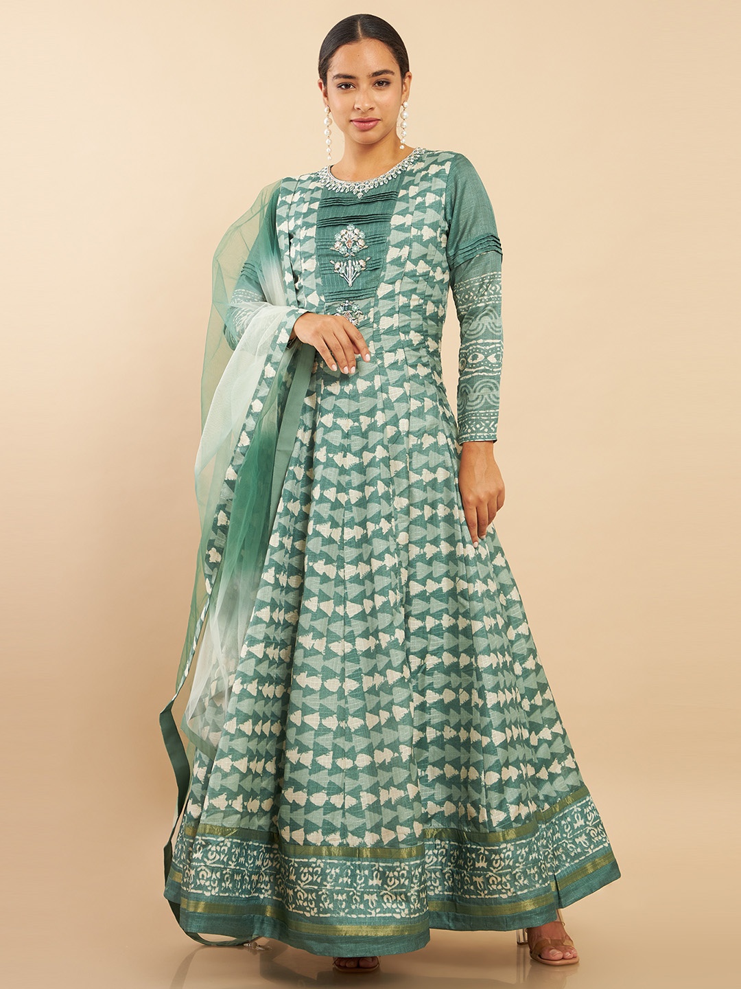 

Soch Women Brown Embroidered Panelled Silk Kurta set