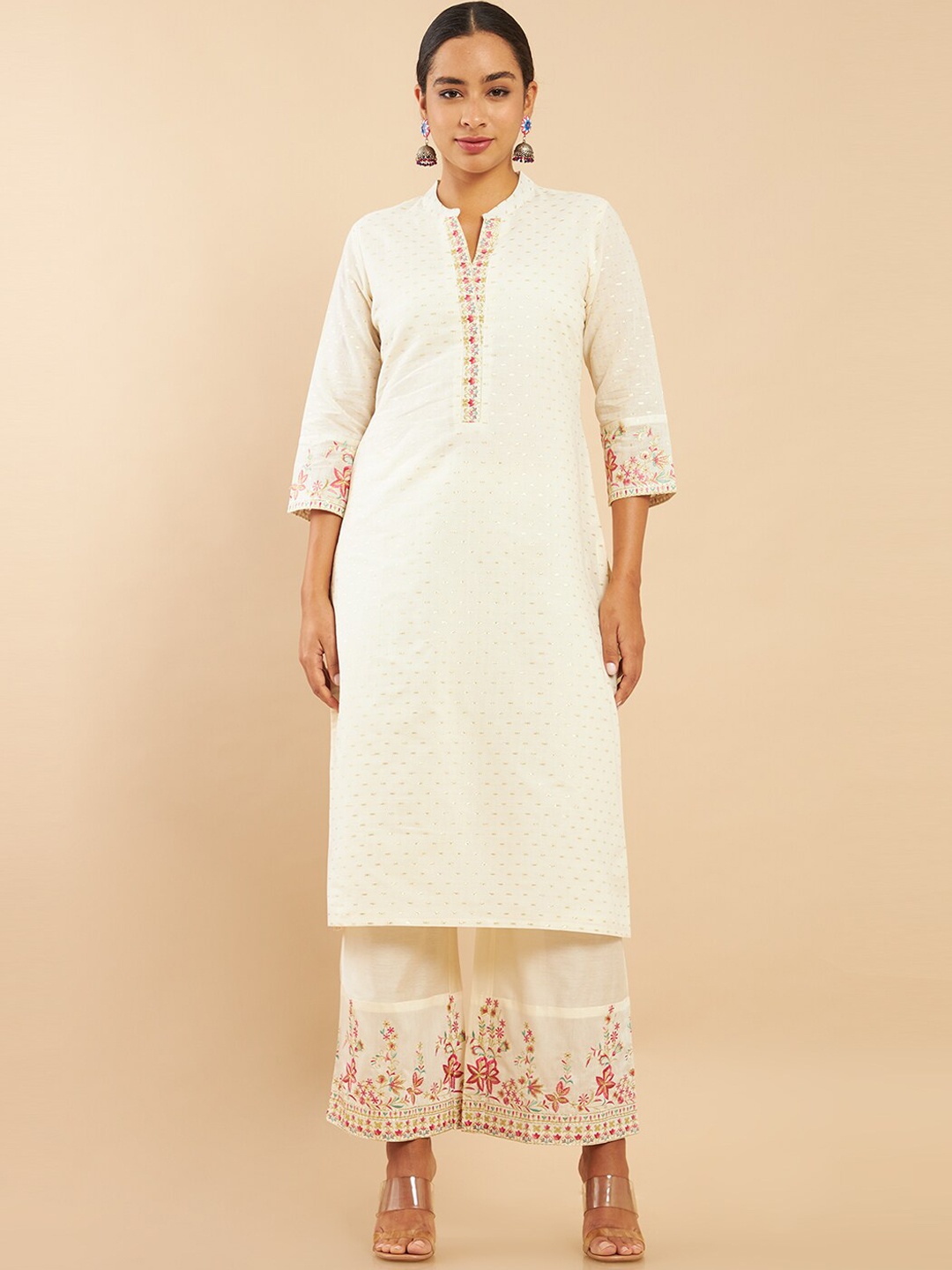 

Soch Women White Floral Embroidered Cotton Pure Cotton Kurta With Palazzo