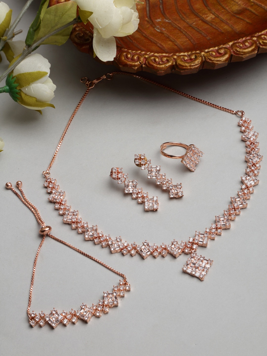 

ZENEME Rose Gold-Plated White AD Studded Jewellery Set