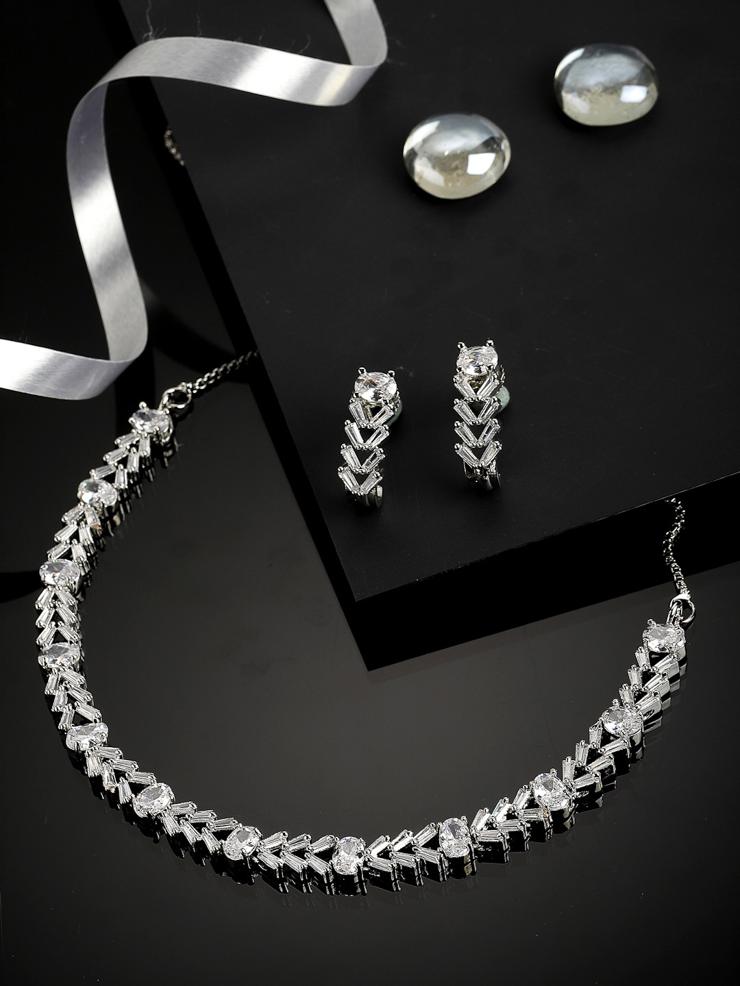 

ZENEME Rhodium-Plated Silver-Toned & White AD-Studded Jewellery Set