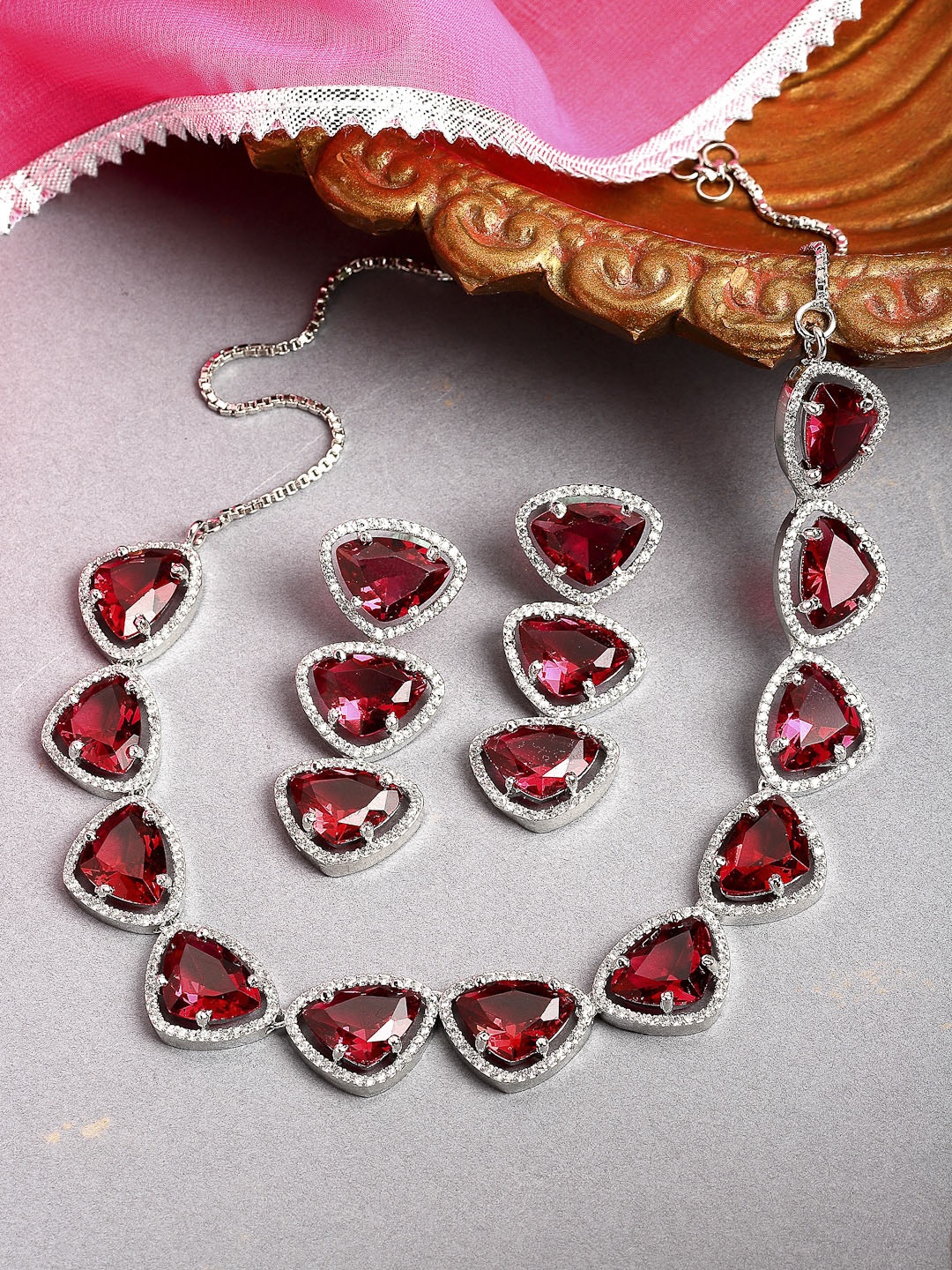 

ZENEME Red & White American Diamond Studded Rhodium-Plated Triangular Jewellery Set