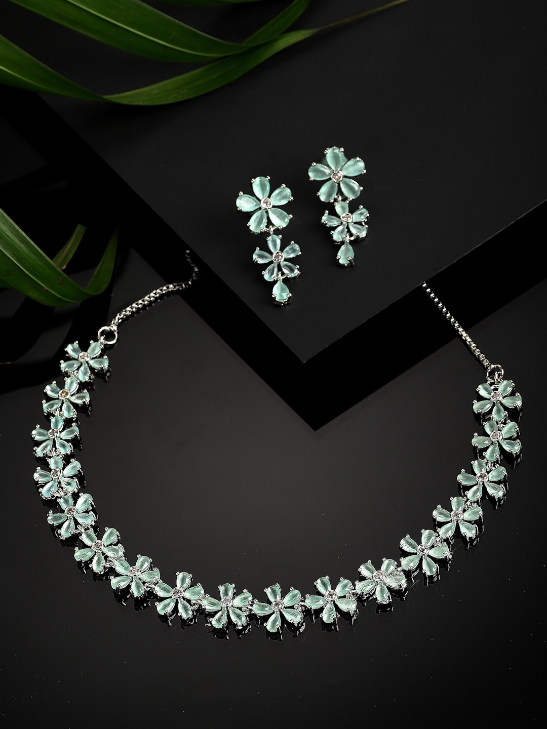 

ZENEME Rhodium-Plated Sea-Green & White AD-Studded Jewellery Set