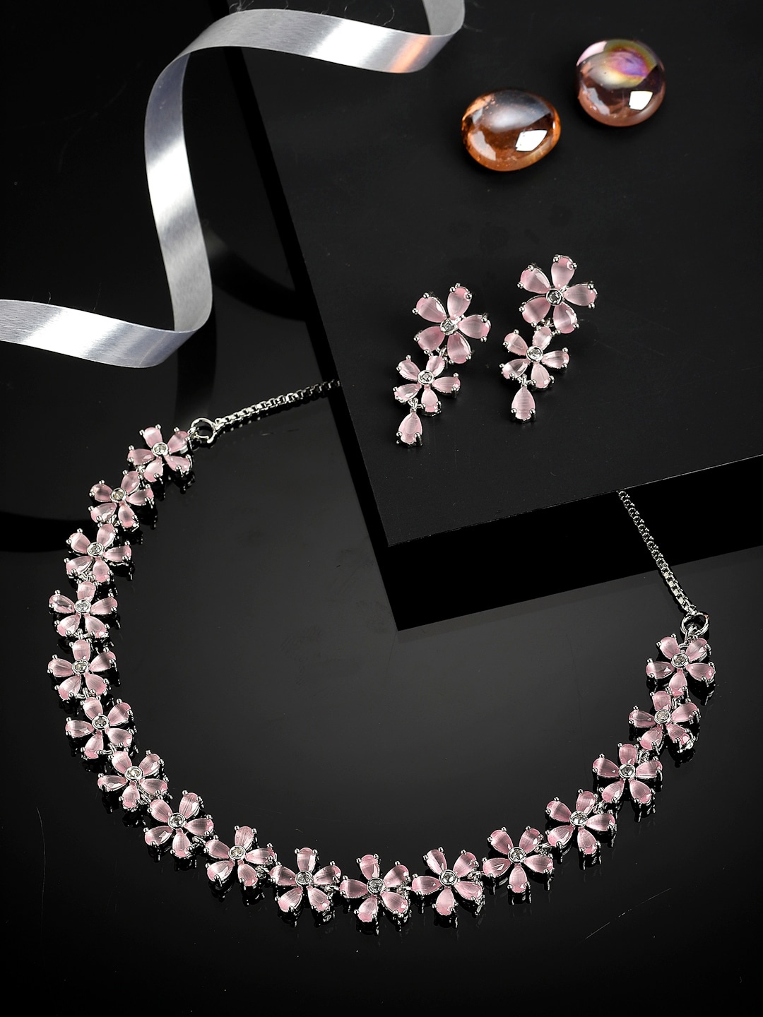 

ZENEME Rhodium-Plated Pink AD-Studded Jewellery Set