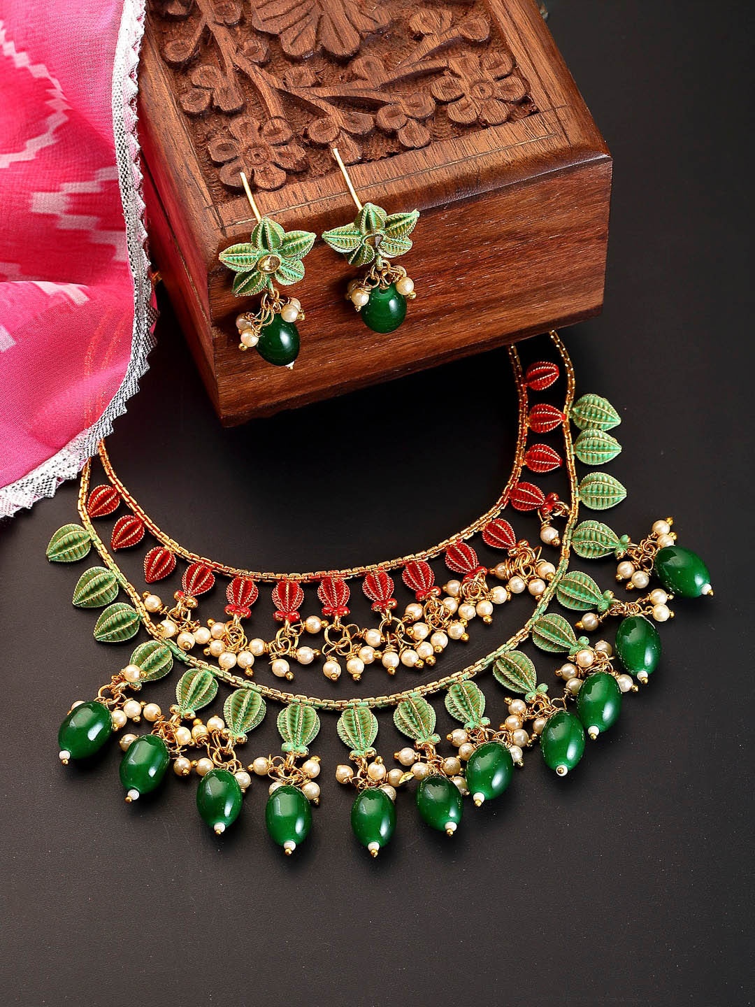 

ZENEME Gold-Plated Red & Green Double Layer Necklace Jewellery Set