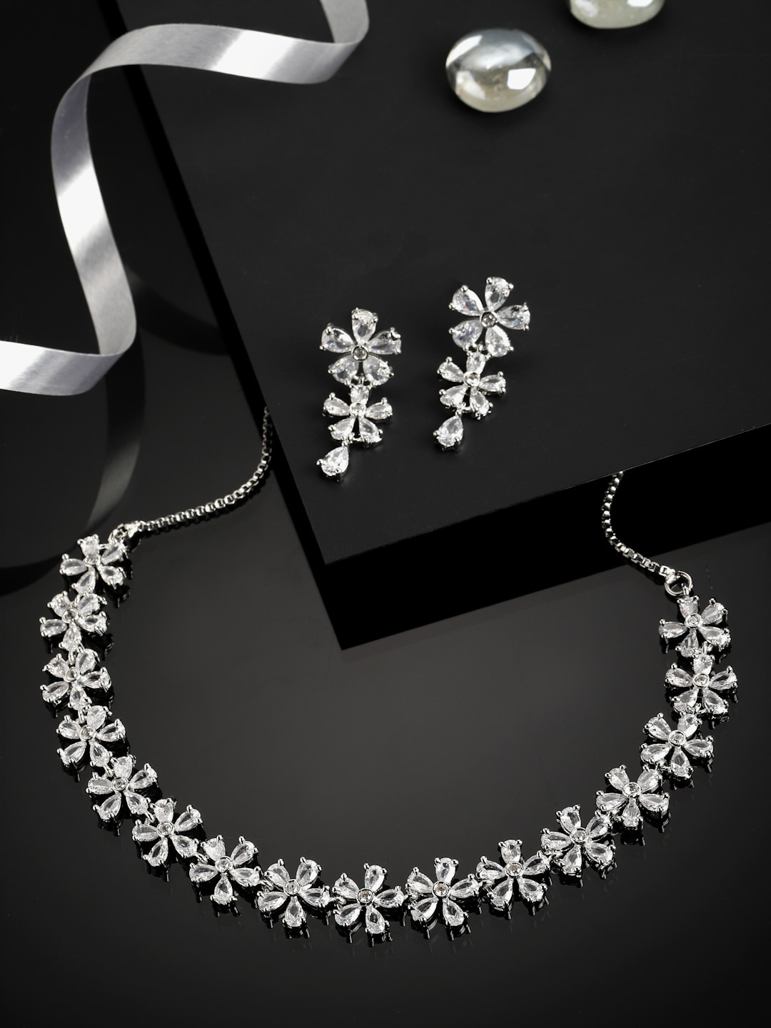 

ZENEME Silver-Toned & White AD Stone-Studded Rhodium-Plated Jewellery Set