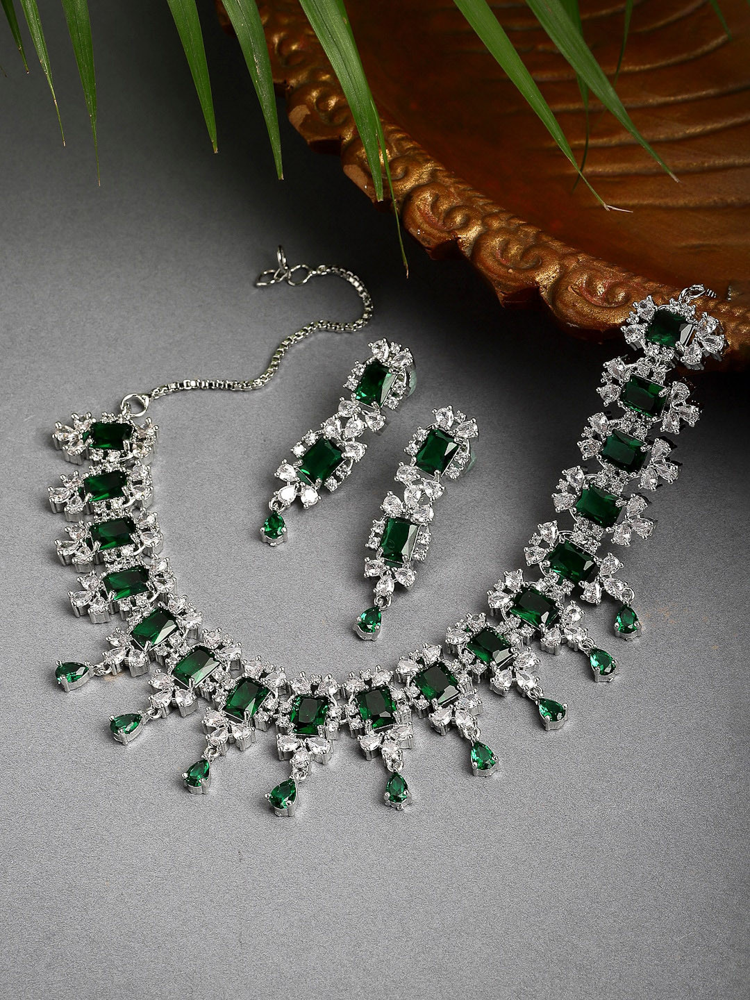 

ZENEME Rhodium-Plated Silver-Toned & Green AD Stone Studded Jewellery Set