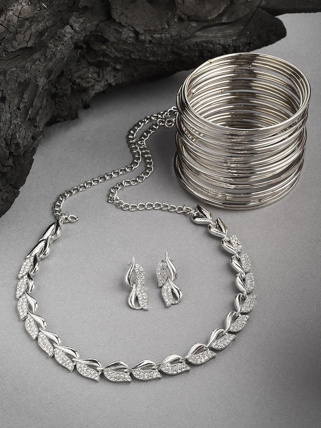 

ZENEME Silver-Plated & White American Diamond Studded Jewellery Set