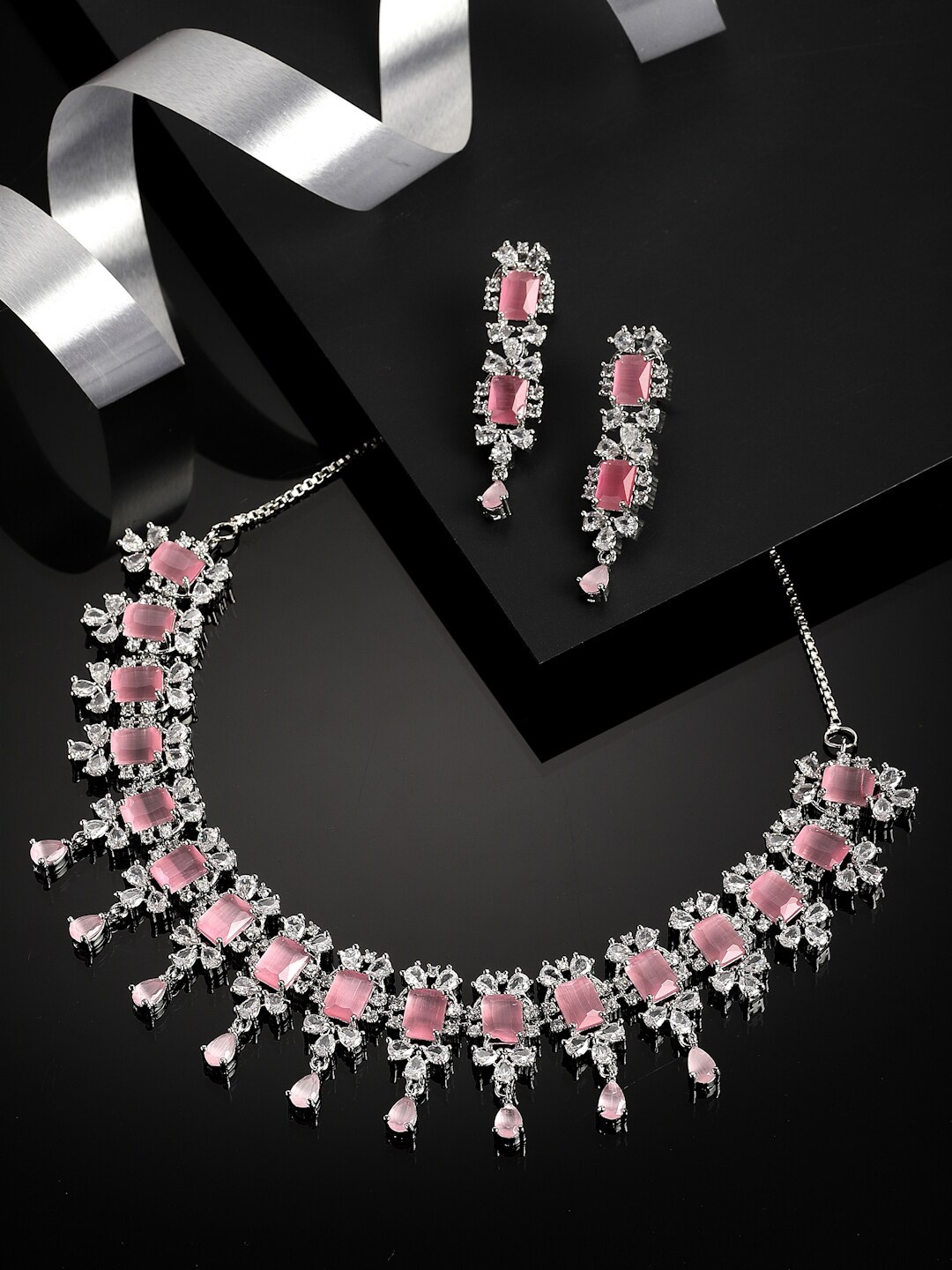 

ZENEME Rhodium-Plated & Silver Toned American Diamond Studded Jewellery Set