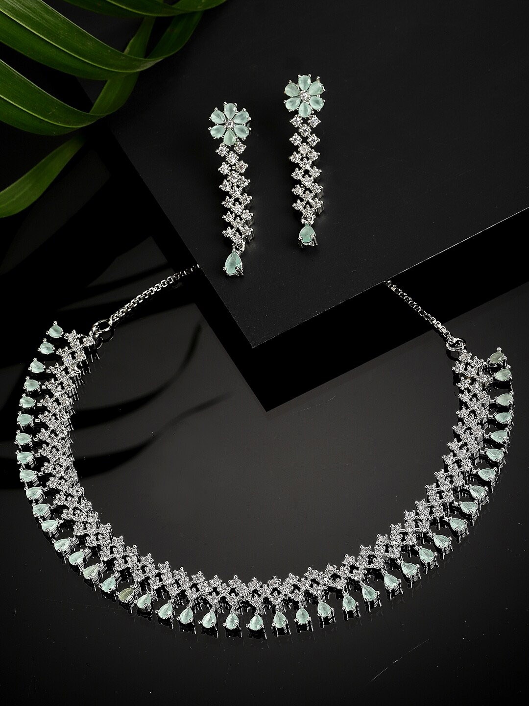 

ZENEME Rhodium-Plated Sea Green AD-Studded Flower Design Jewellery Set