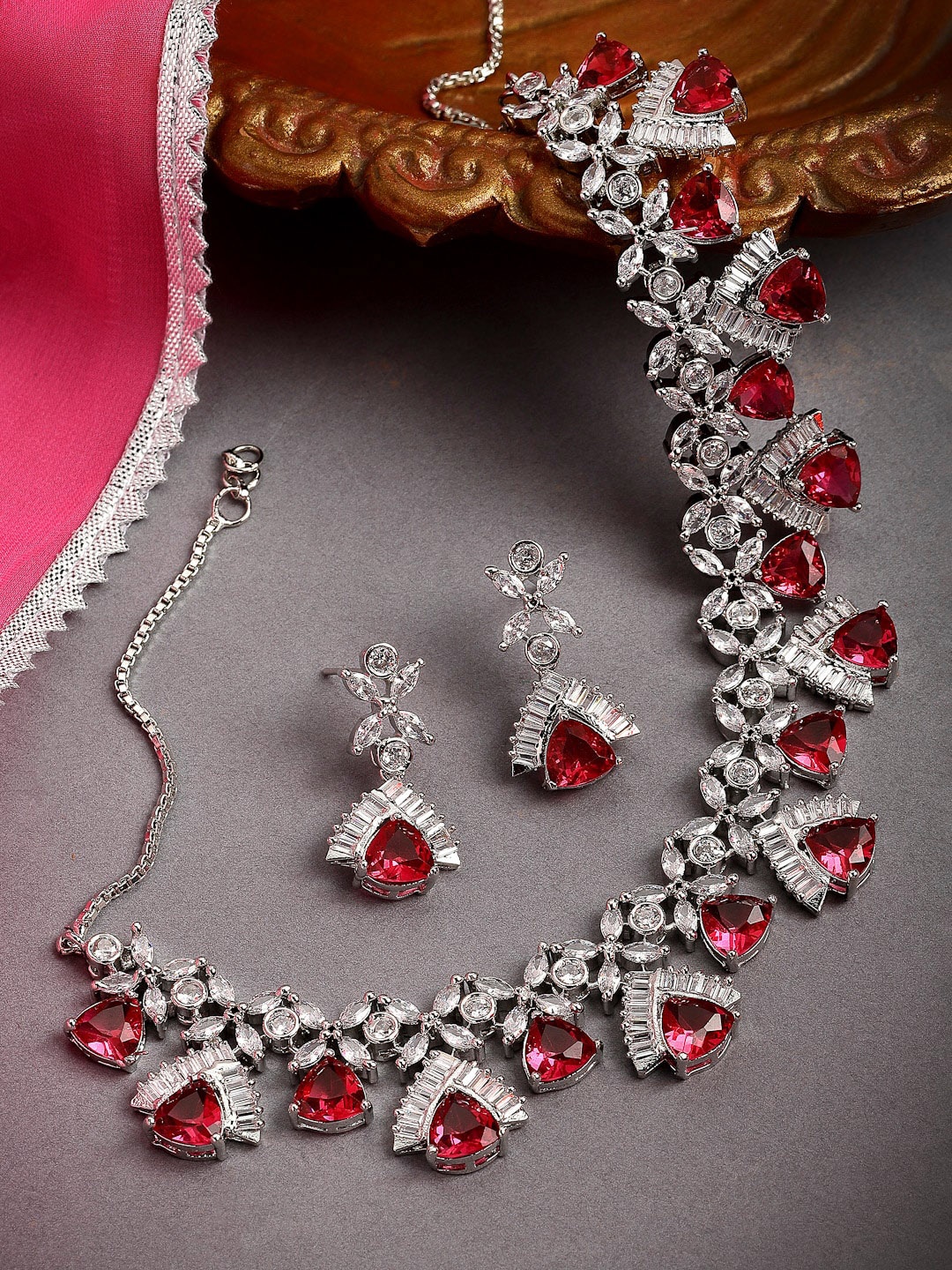 

ZENEME Rhodium-Plated Silver-Toned & Red AD Stone-Studded Jewellery Set