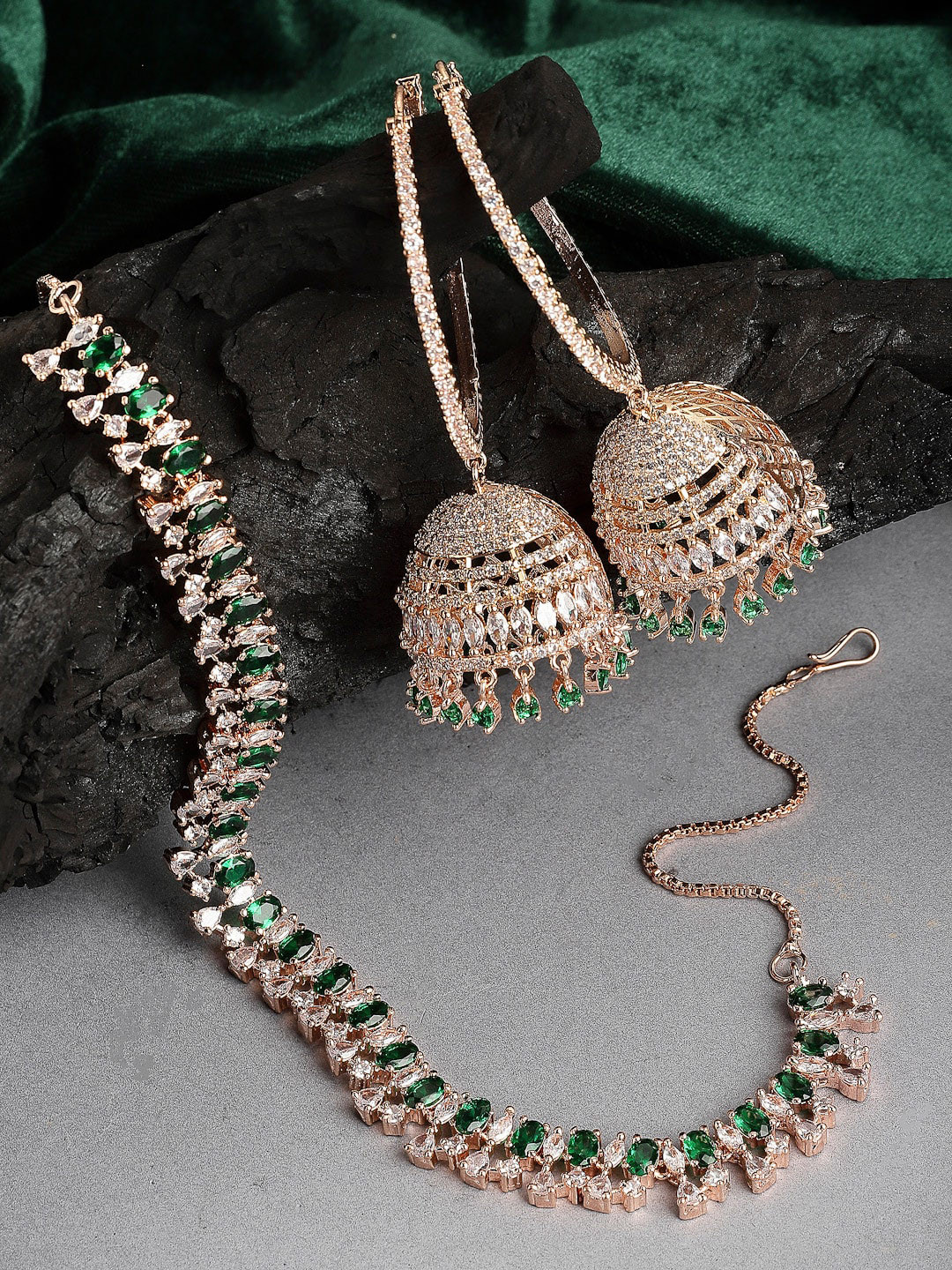 

ZENEME Rose Gold-Plated White & Green American Diamond Studded Jewellery Set