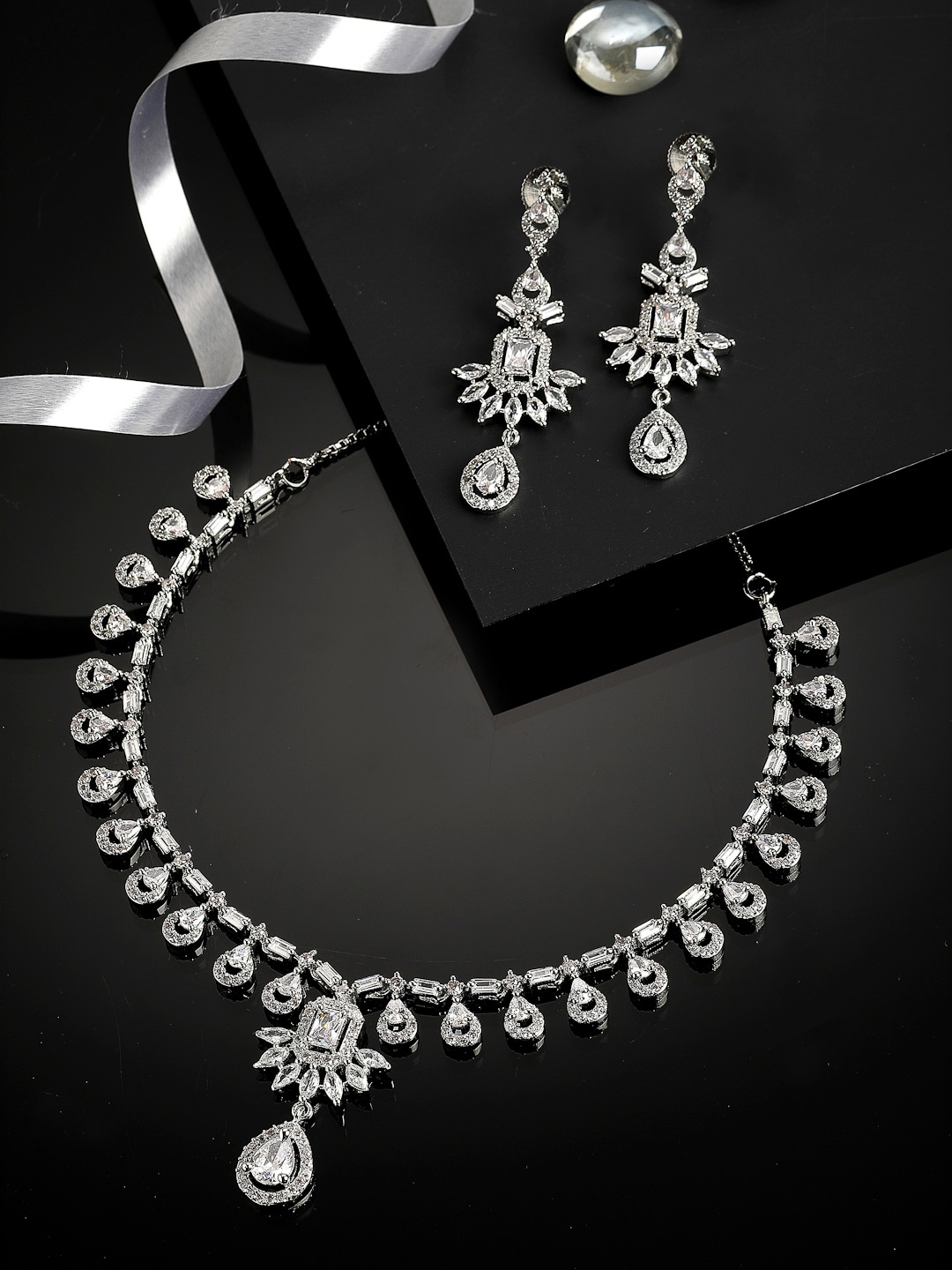 

ZENEME Rhodium-Plated & White American Diamond Studded Jewellery Set