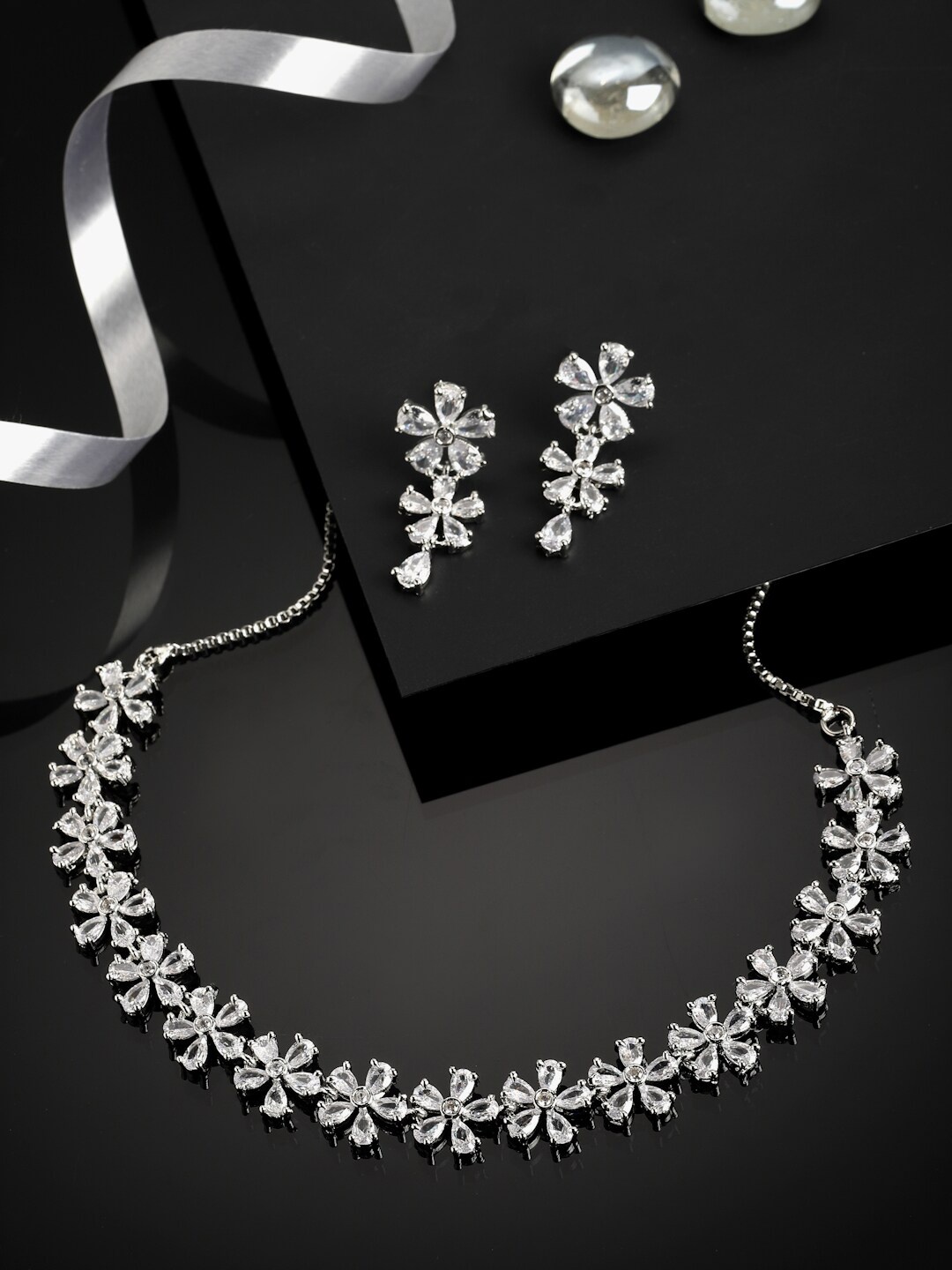 

ZENEME Silver-Toned & White American Diamond Studded Rhodium-Plated Jewellery Set