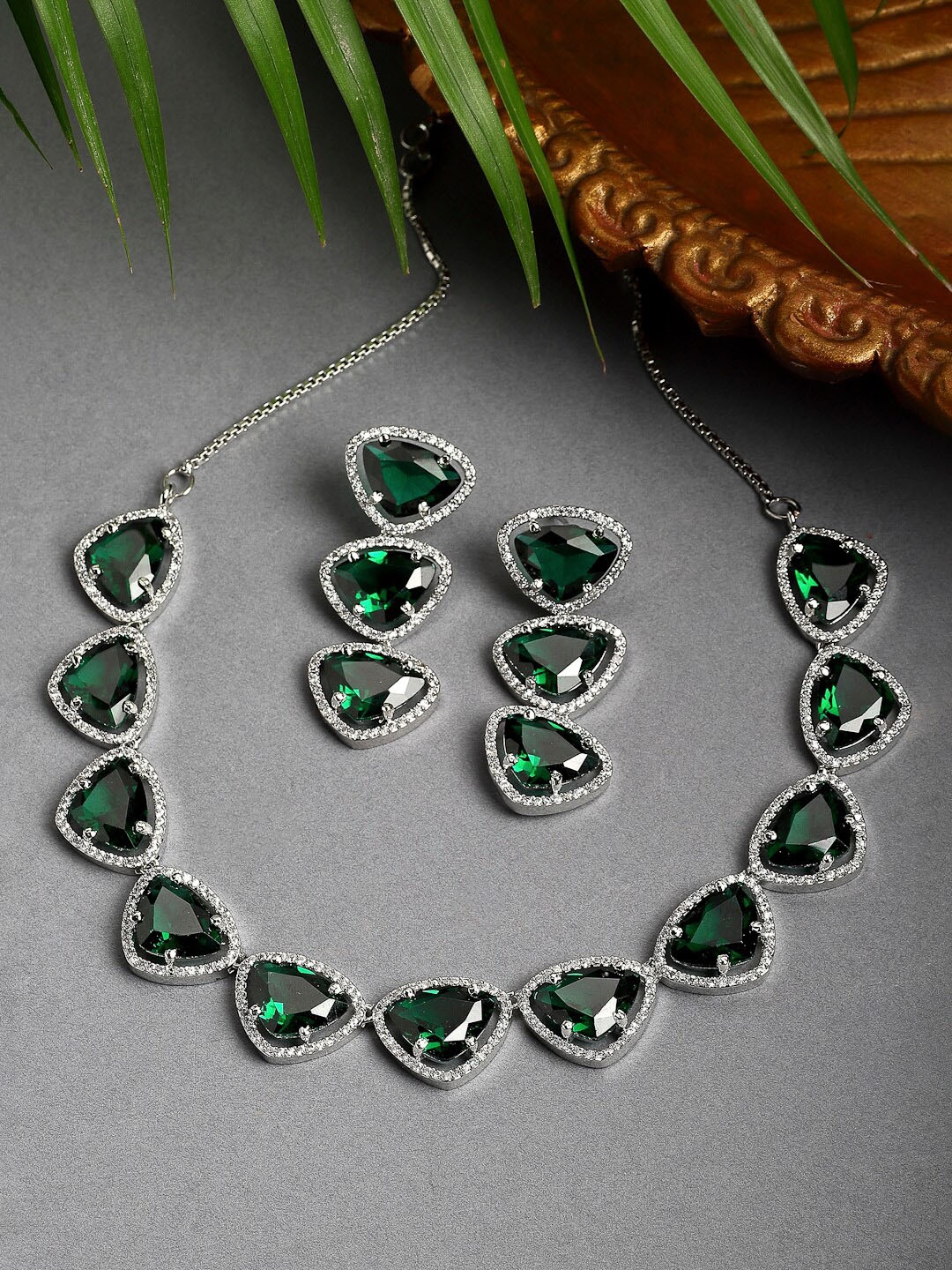 

ZENEME Rhodium-Plated Silver Toned Handcrafted Green AD Studded Triangular Jewellery Set