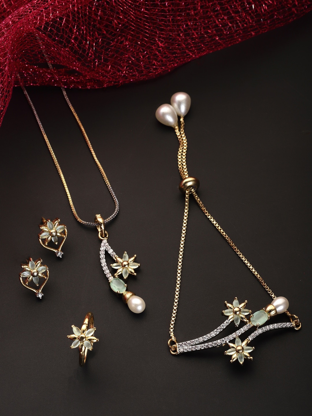 

ZENEME Gold-Plated Sea-Green & White AD Stone-Studded Jewellery Set