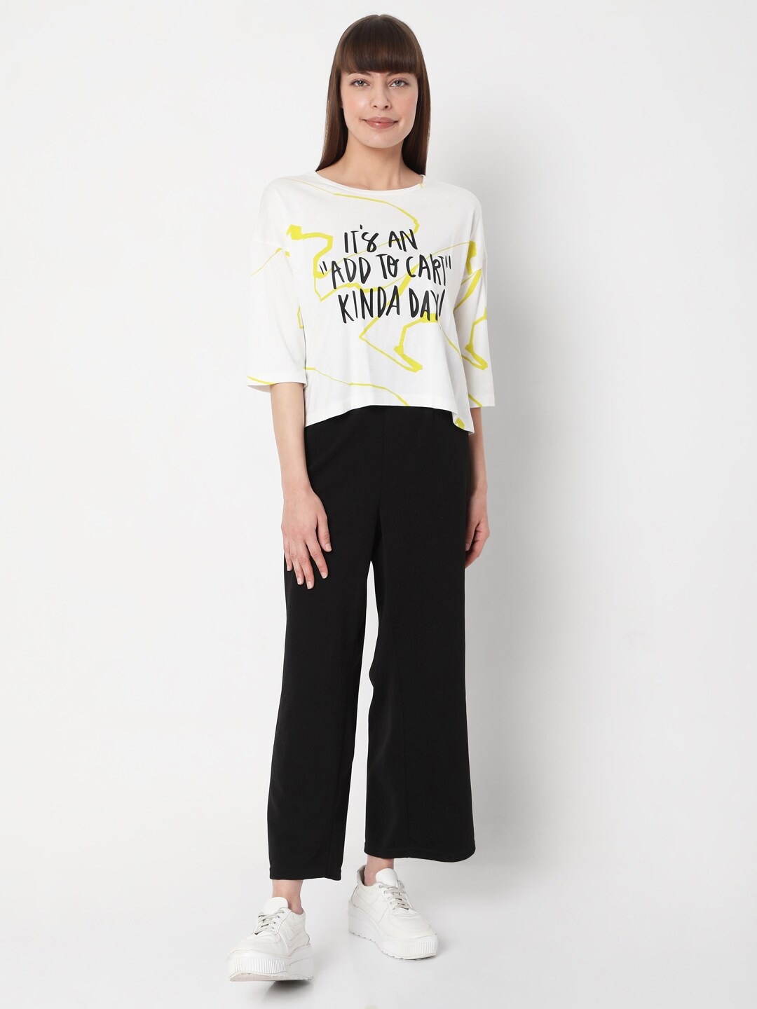 

Vero Moda Women White & Yellow Typography Printed T-shirt