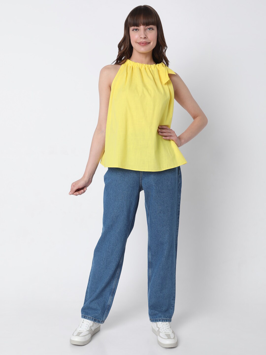 

Vero Moda Women Yellow Solid Tie-Up Neck Pure Cotton A-line Top