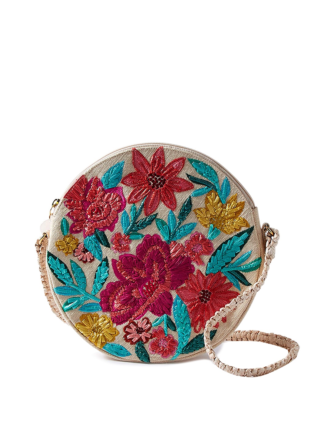 Accessorize London Women Cotton Bright Floral Circle Sling Bag, Beige