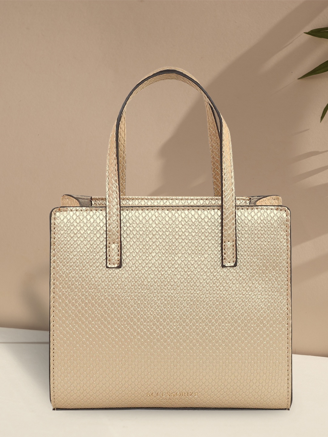 

Accessorize Gold-Toned Textured PU Structured Handheld Bag