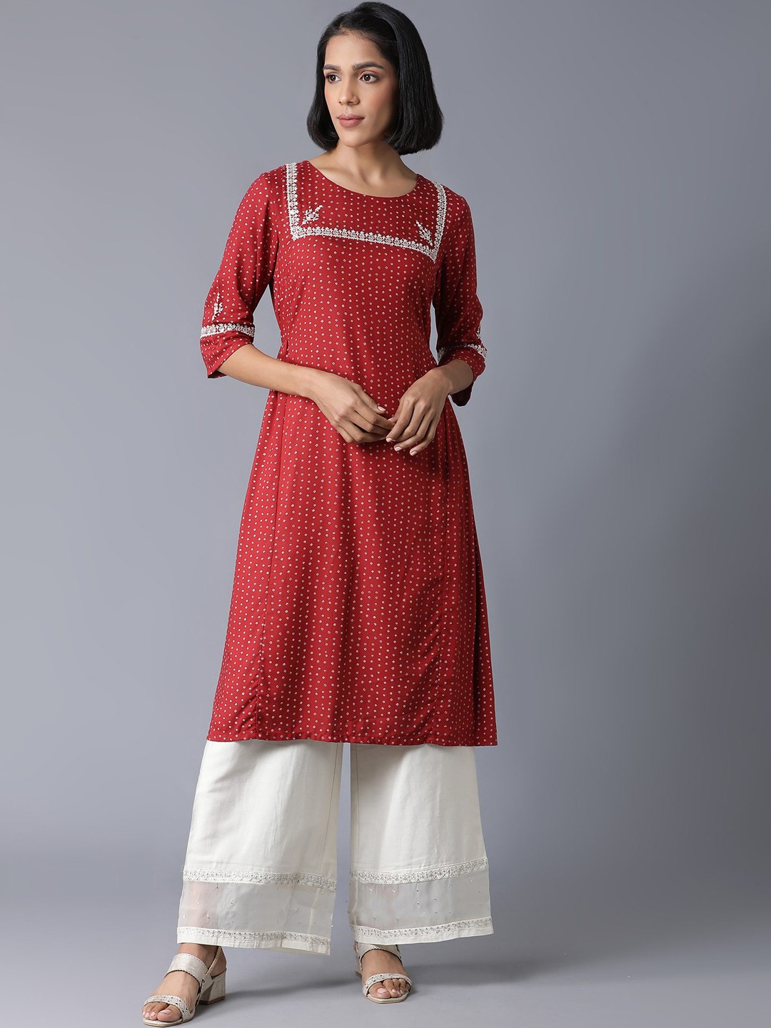 

W Women Red Geometric Printed Thread Work Kurta