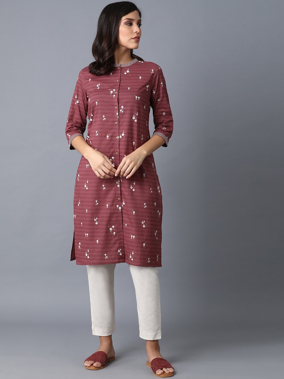 

W Plus Size Women Burgundy Printed Cotton Kurta
