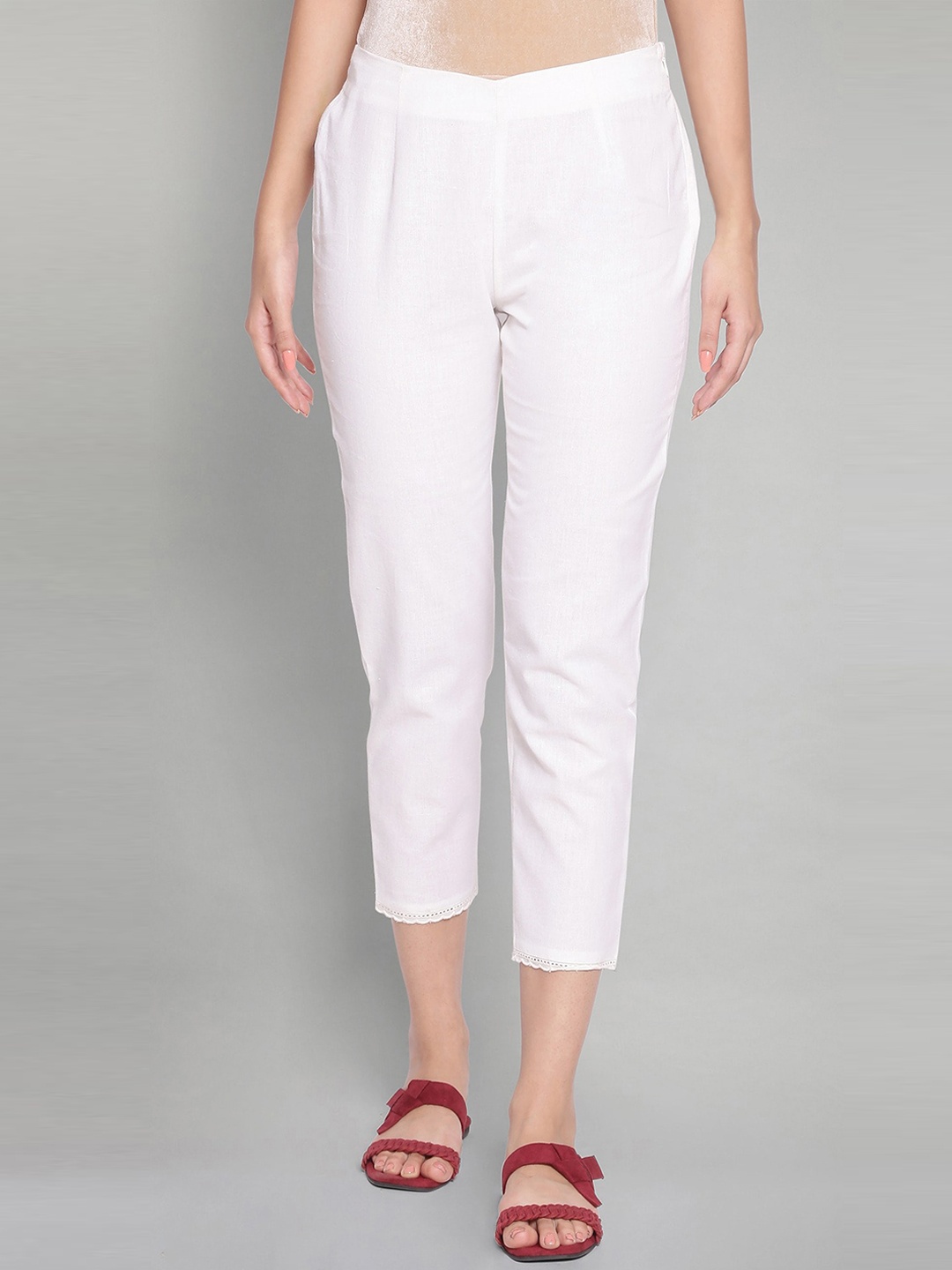 

W Women White Slim Fit Pleated Trousers