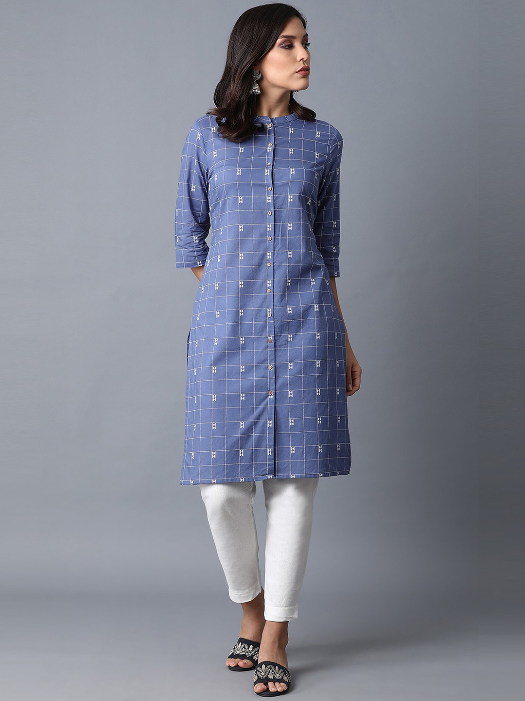 

W Women Blue Checked Pure Cotton Kurta