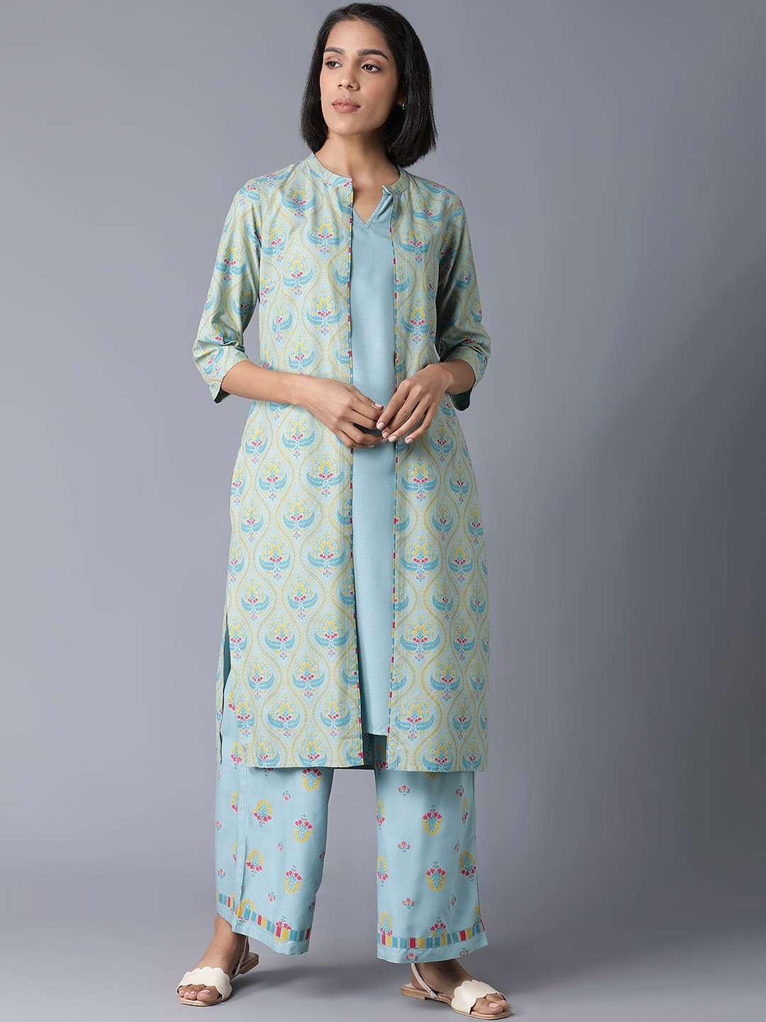 

W Rayon Kurta With Shrugs & Parallel Pant & Jacket, Blue