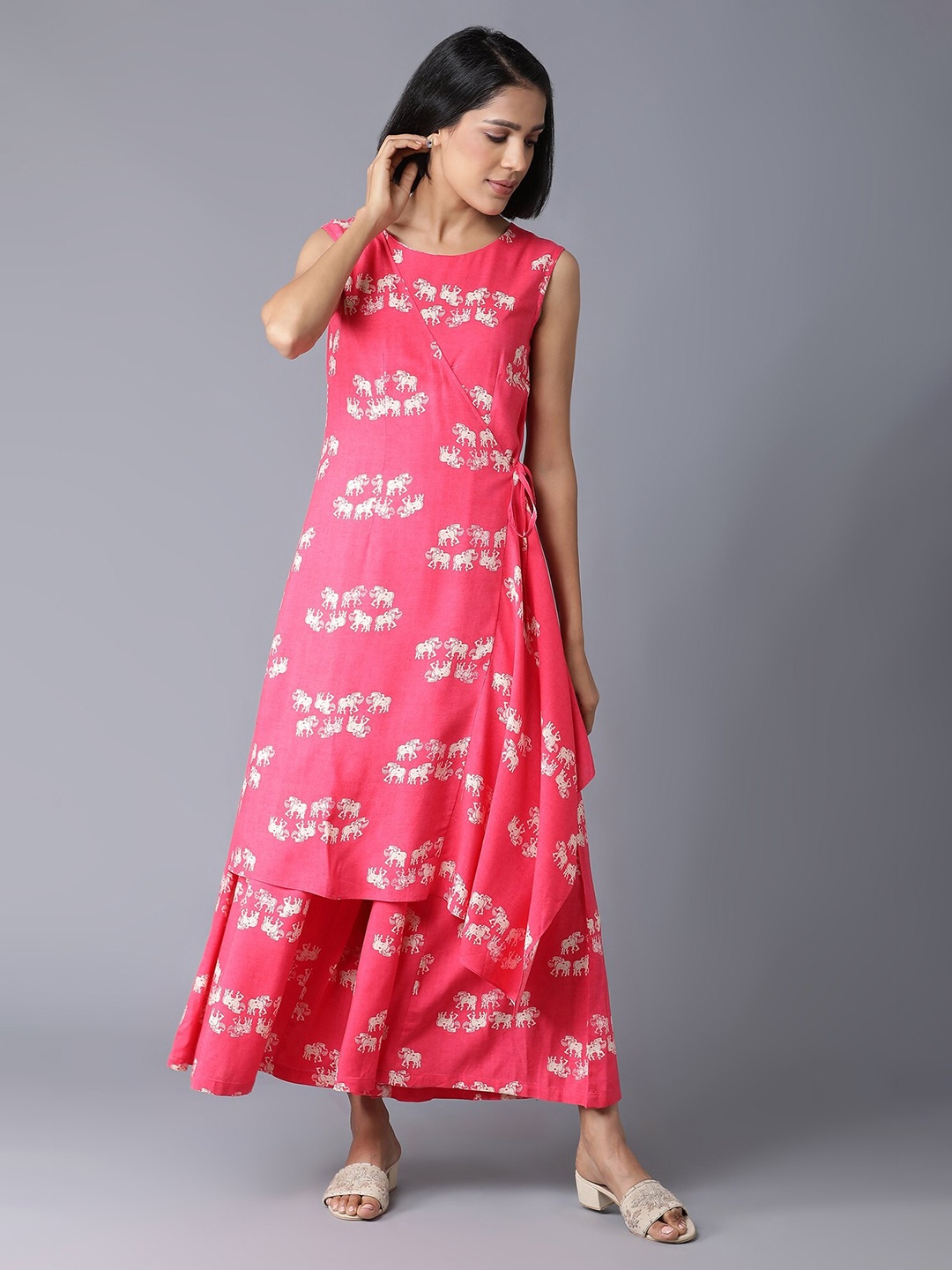 

W Pink & Off-White Printed Ethnic Layered Basic Jumpsuit