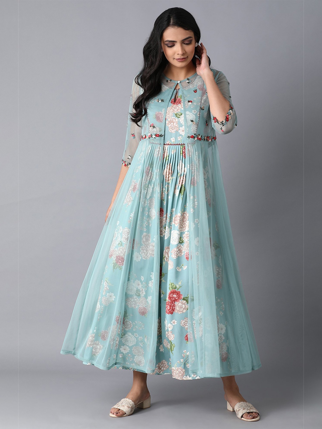 

W Women Plus Size Turquoise Blue Floral Ethnic Maxi Dress