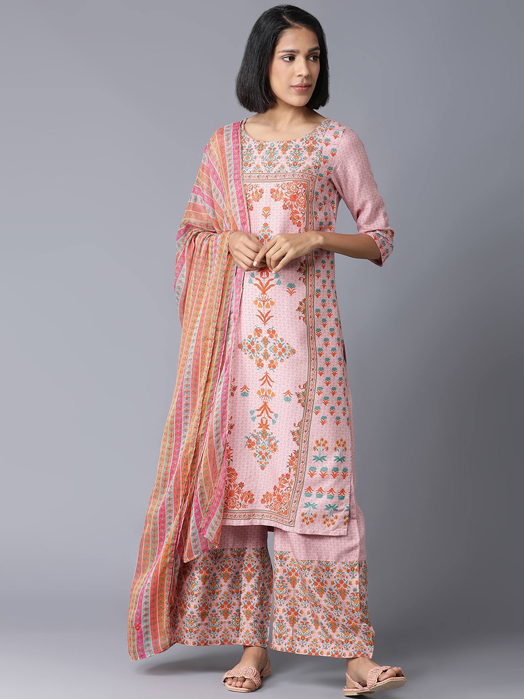 

W Women Paisley Printed Panelled Kurta with Sharara & With Dupatta, Pink