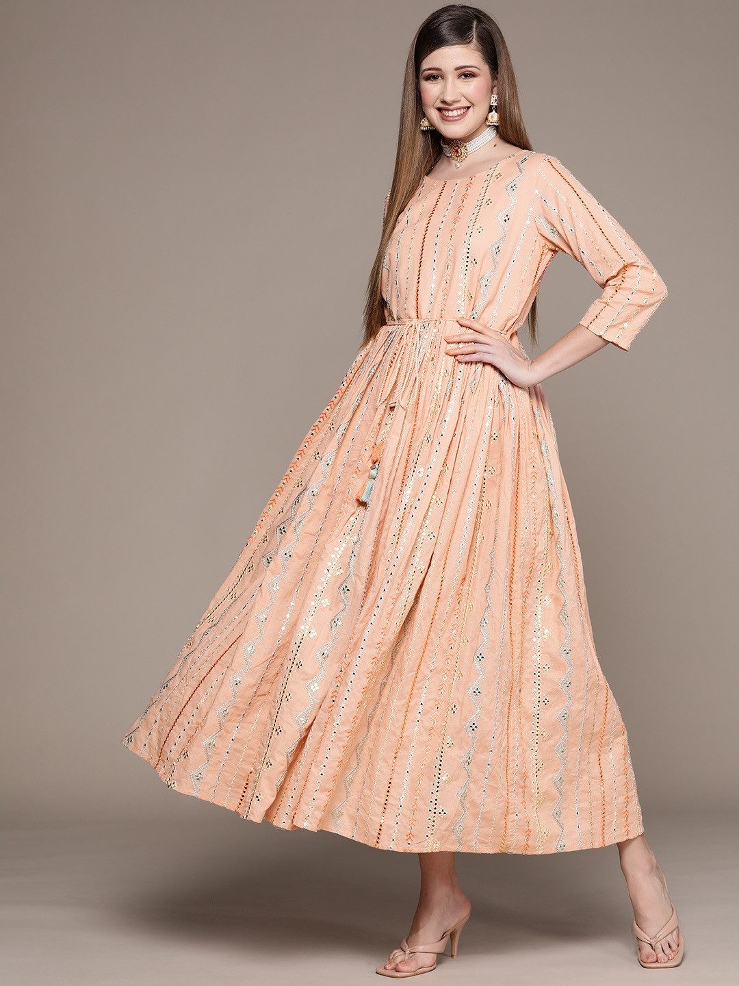 

Ishin Women Peach-Coloured Mirror Work Embroidered Ethnic Pure Cotton Maxi Dress